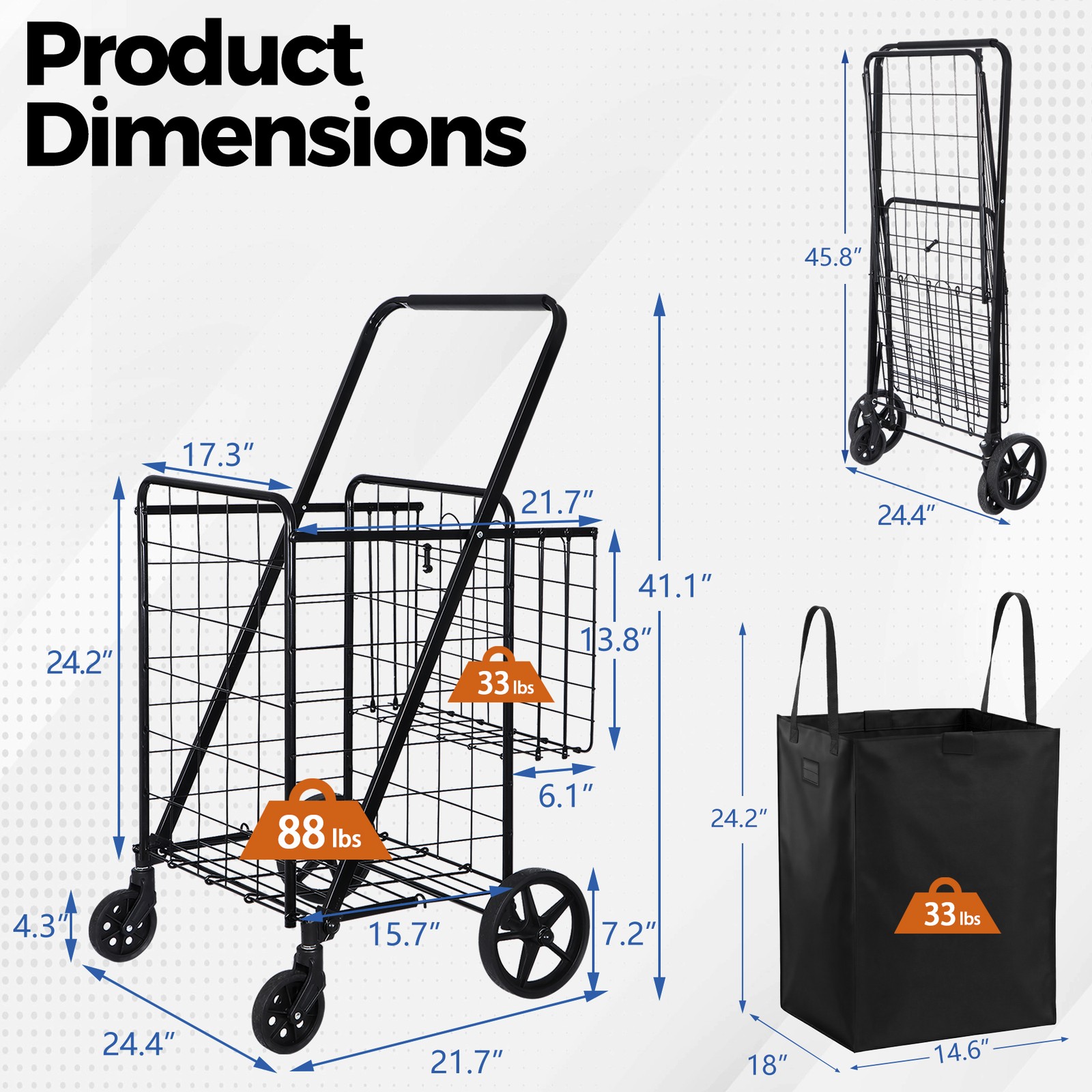 Collapsible Rolling Grocery Cart 88LB Load Capacity w/ Oxford Cloth Liner Black