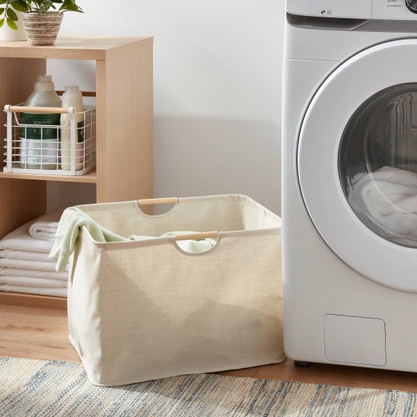 Canvas Rectangle Laundry Basket Steel & Wood Frame, 70L Capacity, 2 Handles