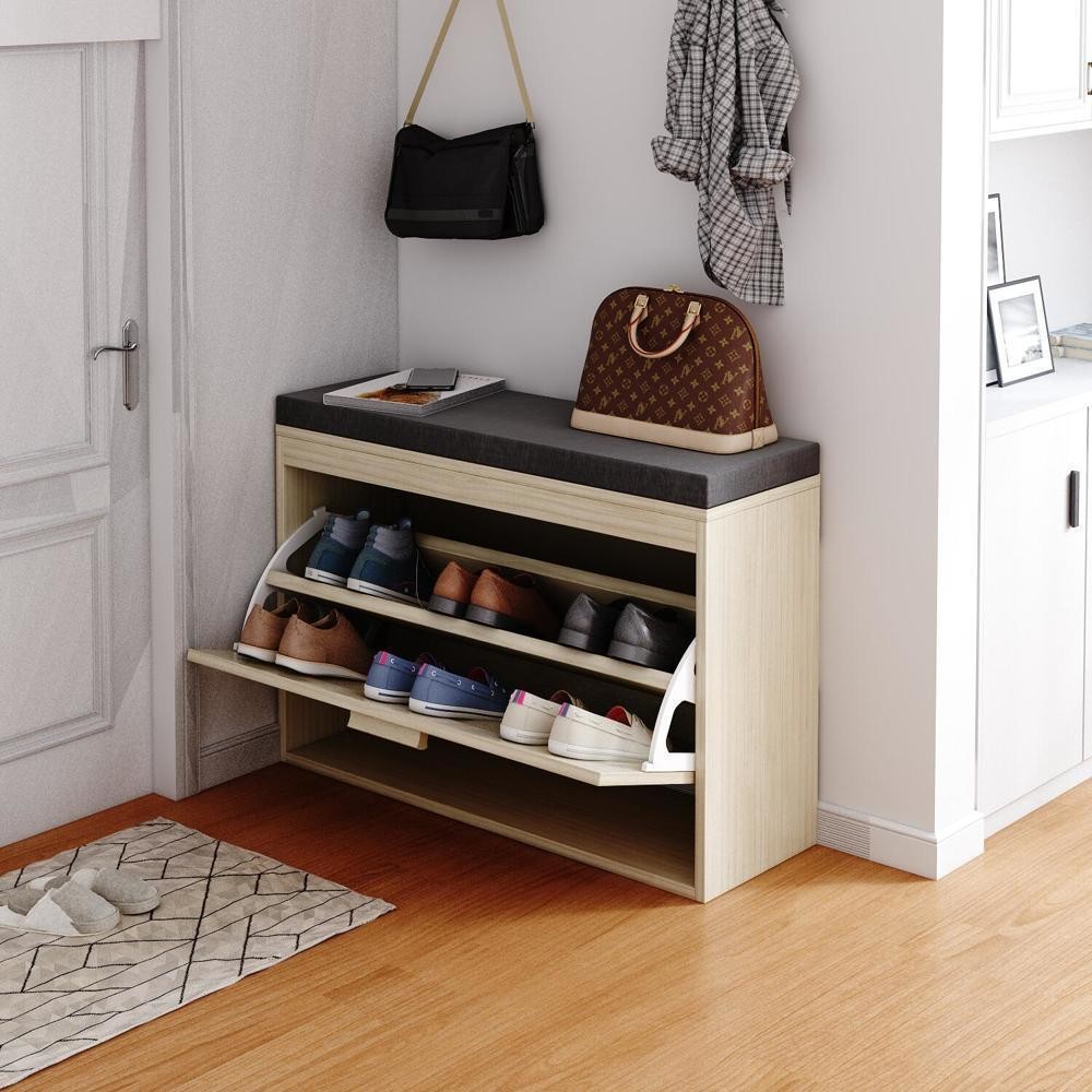 2 Tiers Rattan Shoe Storage Rack Bench Entryway Bench Shoe Cabinet for Hallway