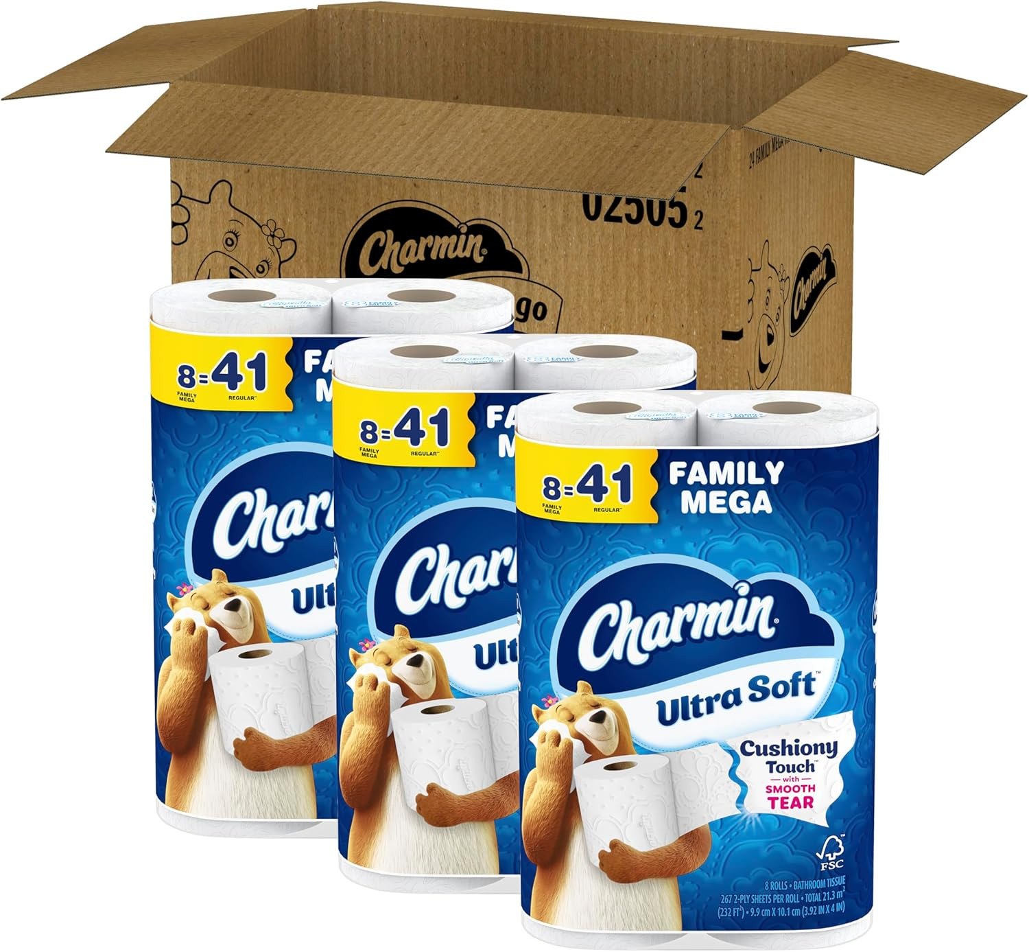 Ultra Soft Cushiony Touch Toilet Paper, 24 Family Mega = 123 Regular Rolls, Whit