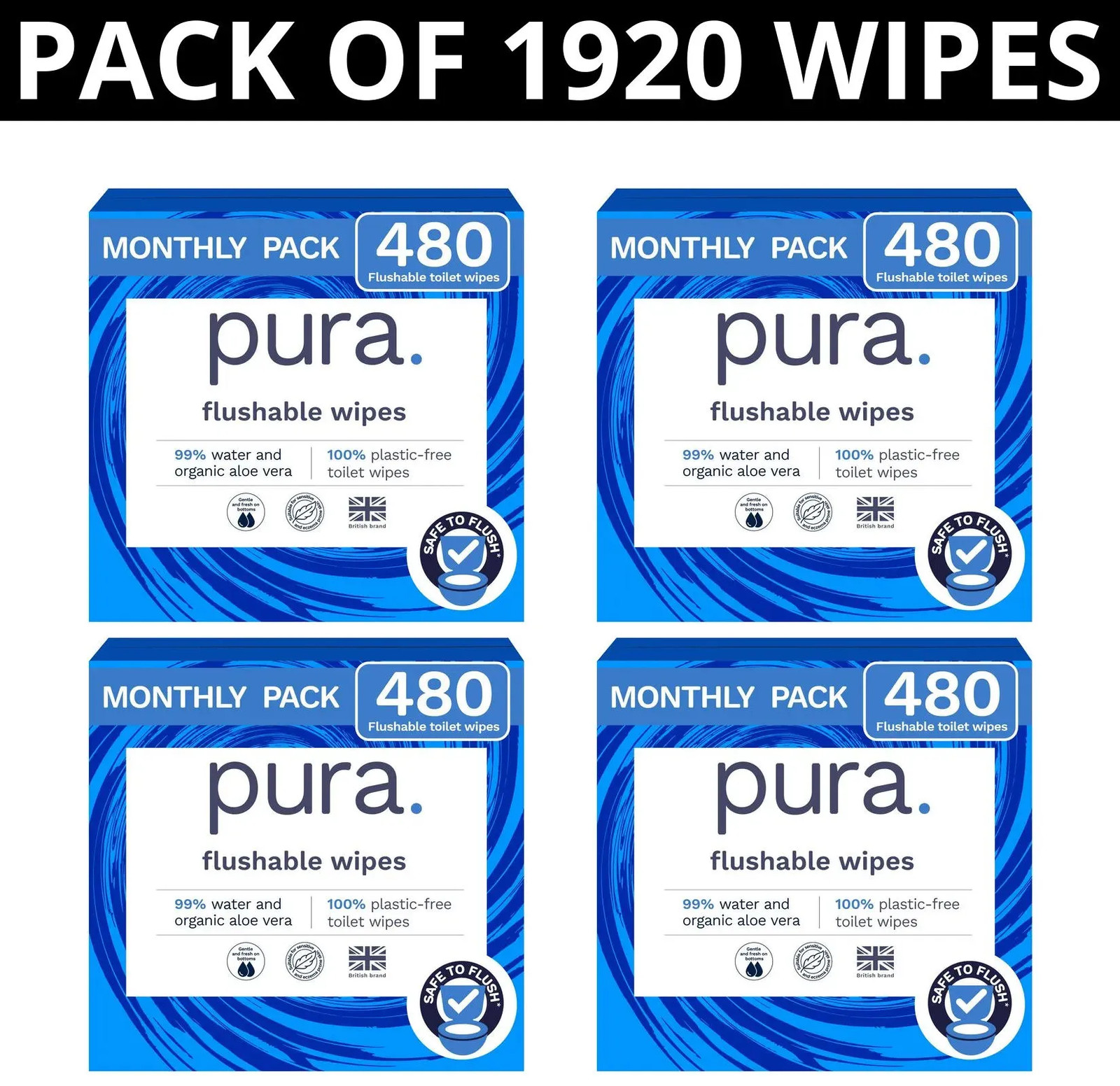 Pura XL Flushable Adult Wipes Unscented Aloe Vera 99% Water PACK OF 1920 WIPES