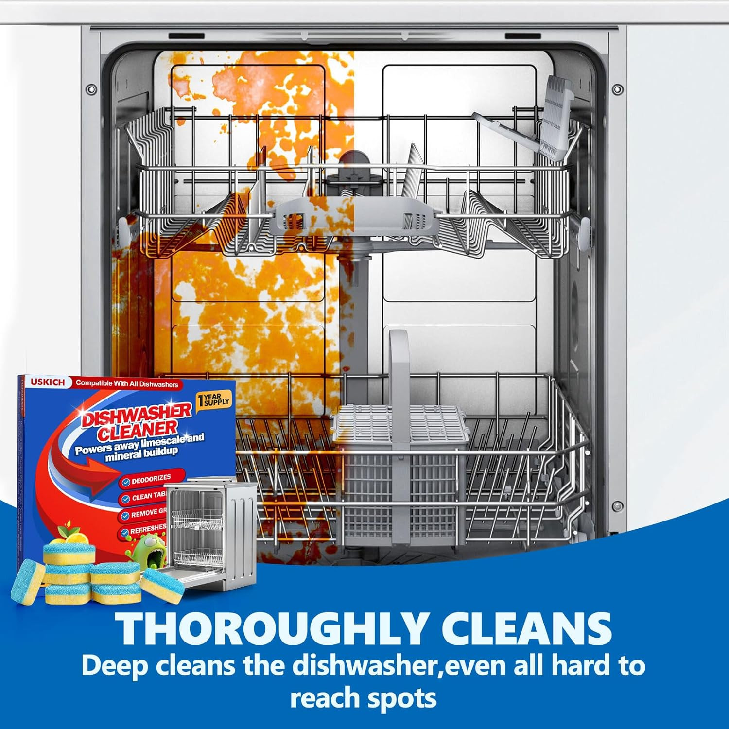 Dishwasher Cleaner and Deodorizer Tablets 24 Pack,Deep Cleaning Descaler Pods fo