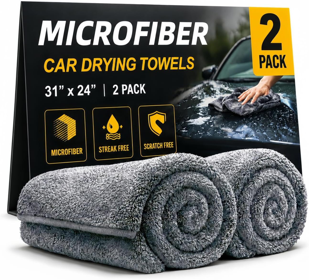 2 Pack Professional Large Microfiber Car Drying Towels (31″ X 24″), Scratch Free