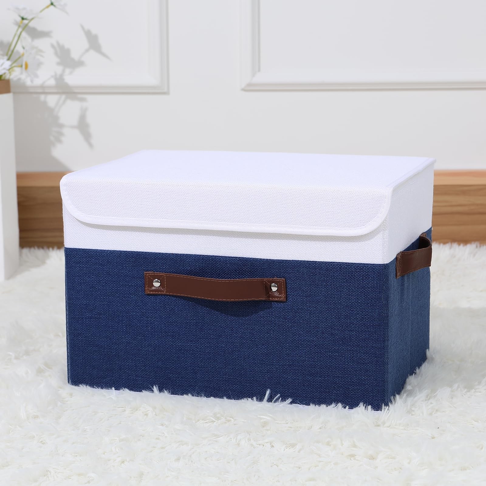 Large Deep Blue White Foldable Linen Fabric Storage Box Lid Leather Handle