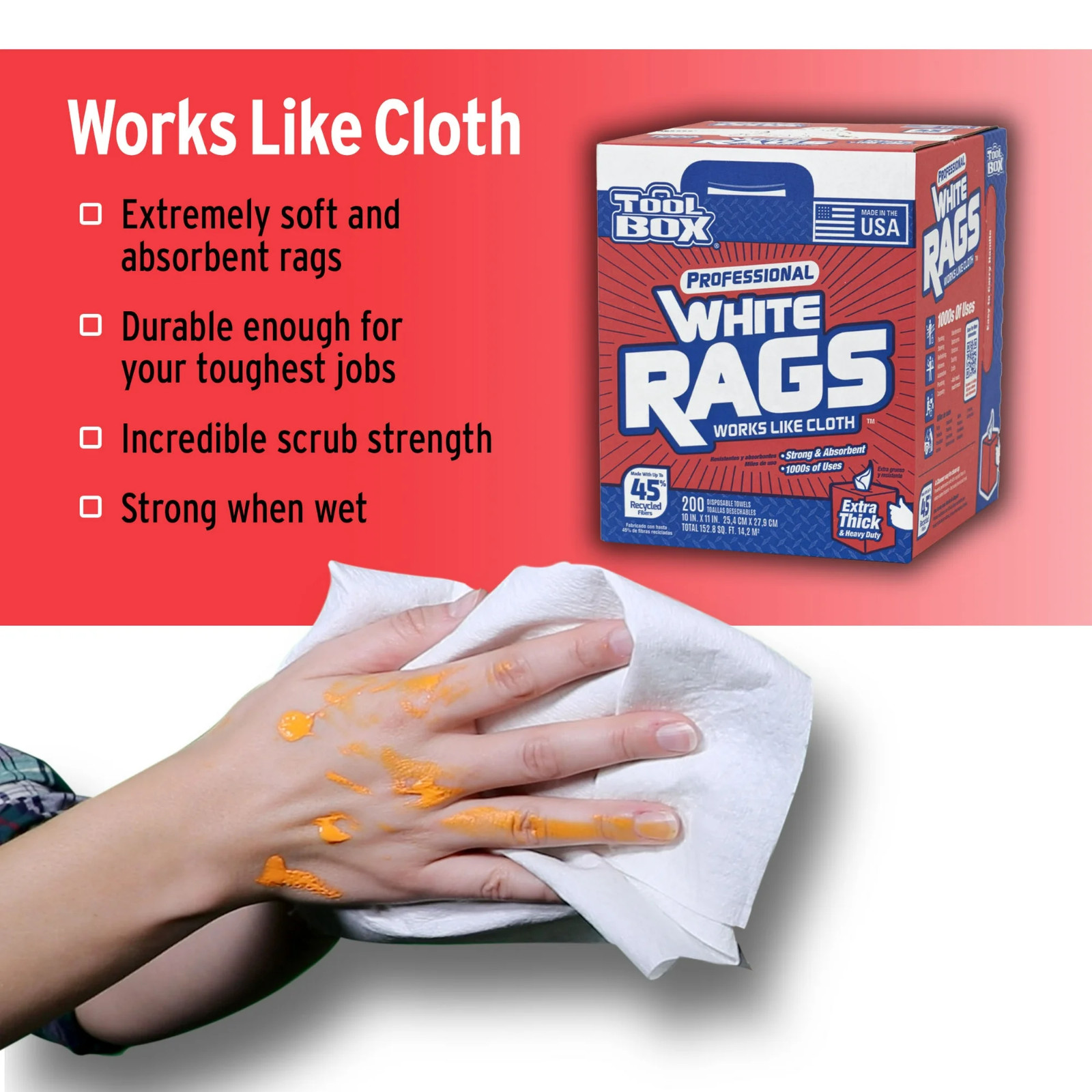 Toolbox White Rags 1 Ply 9.8 x 12 200 Sheets, No Fees