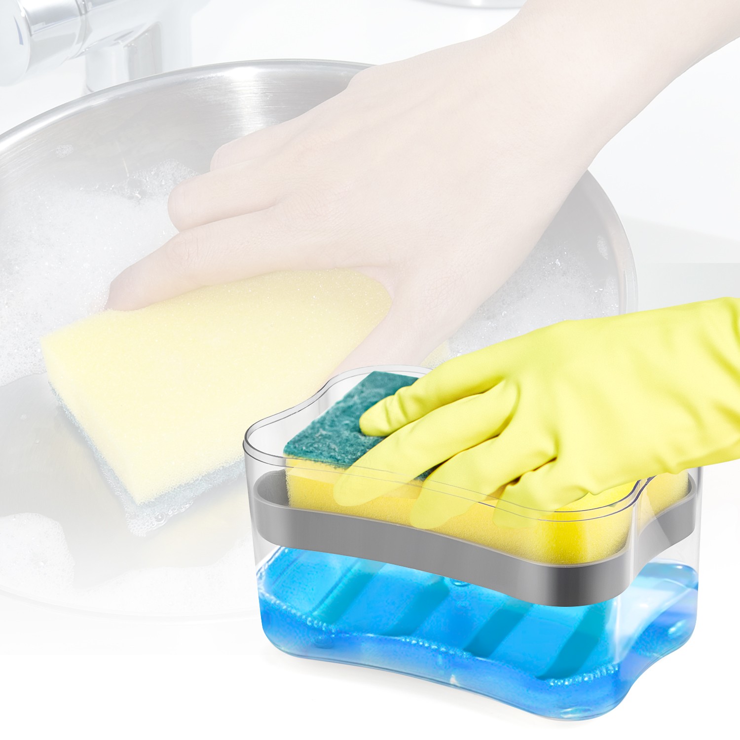 2-in-1 Kitchen Dish Soap Dispenser with Sponge Holder ABS Sink Organizer Rack x1
