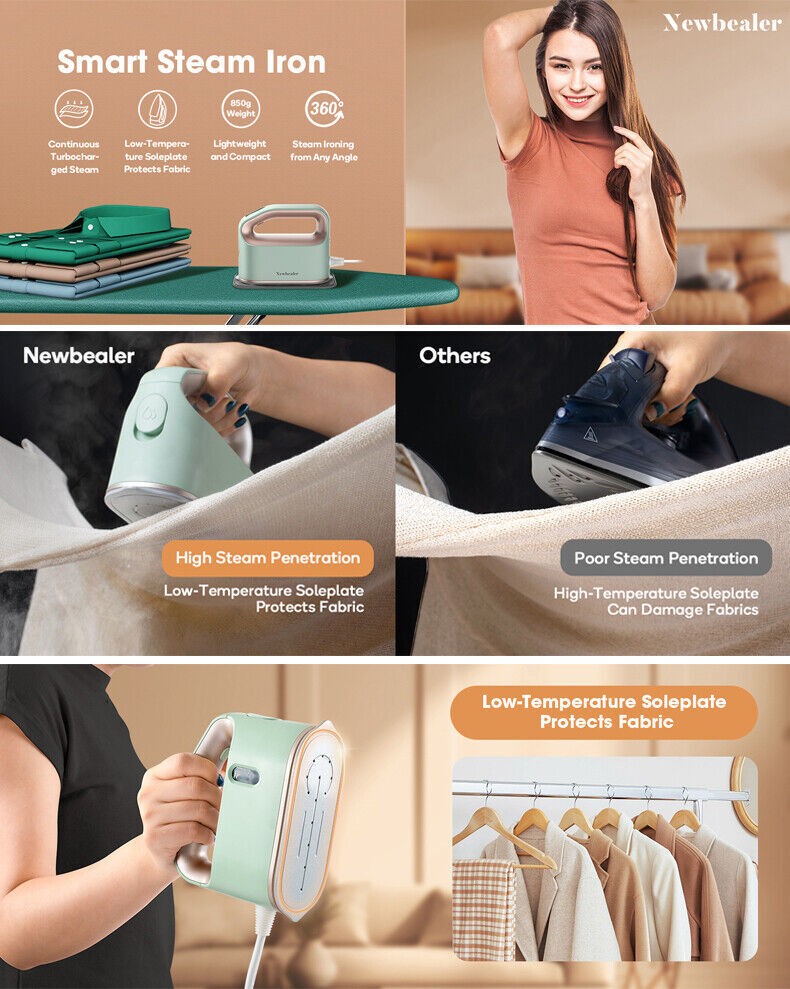 Mini Steam Iron for Home Flat Ironing and Hanging Ironing Mint Green 1200W 110V