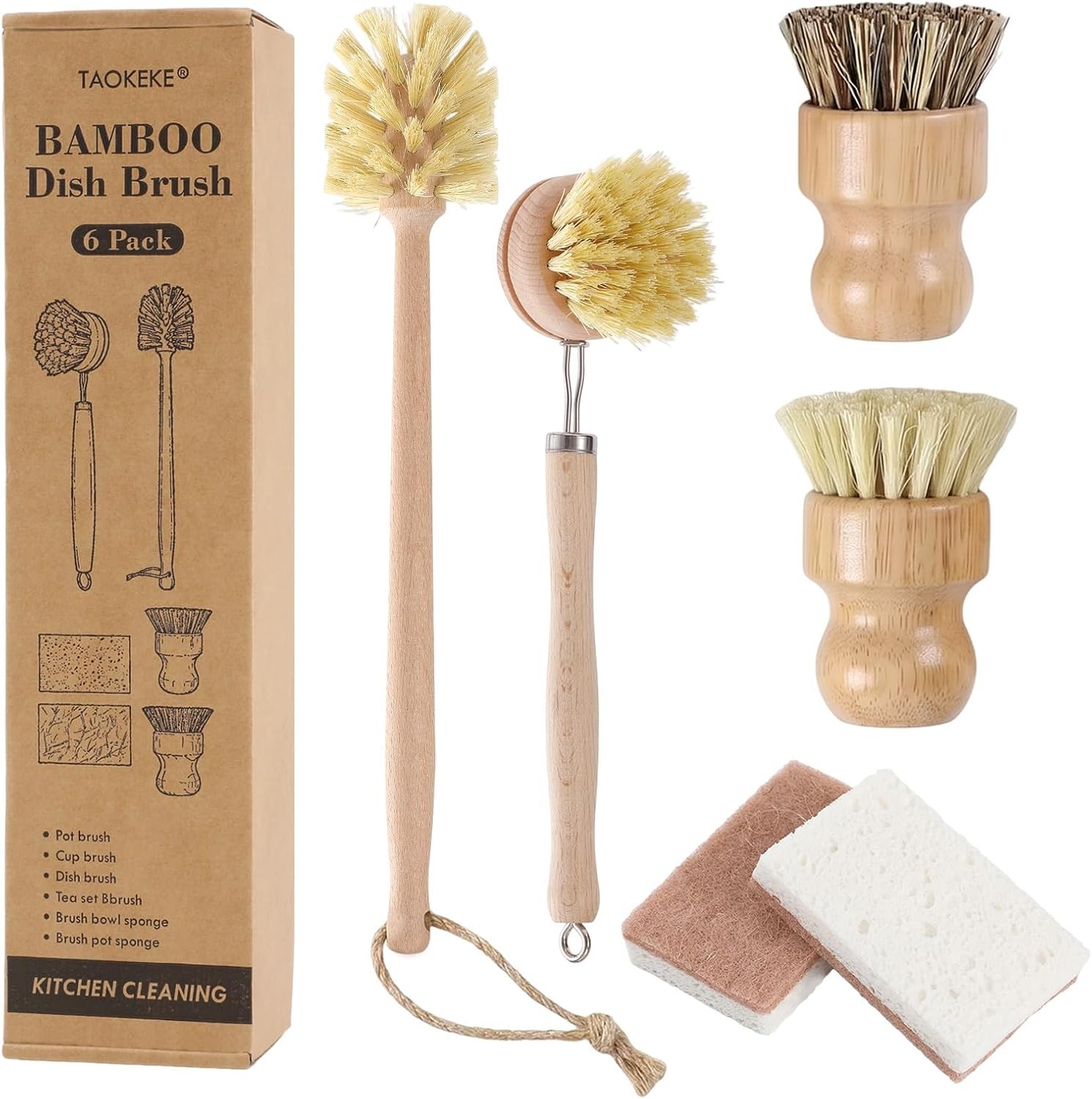 6 Pack Bamboo Dish Brush & Sponge Set, Wooden Handle Kitchen Scrub Brushes with