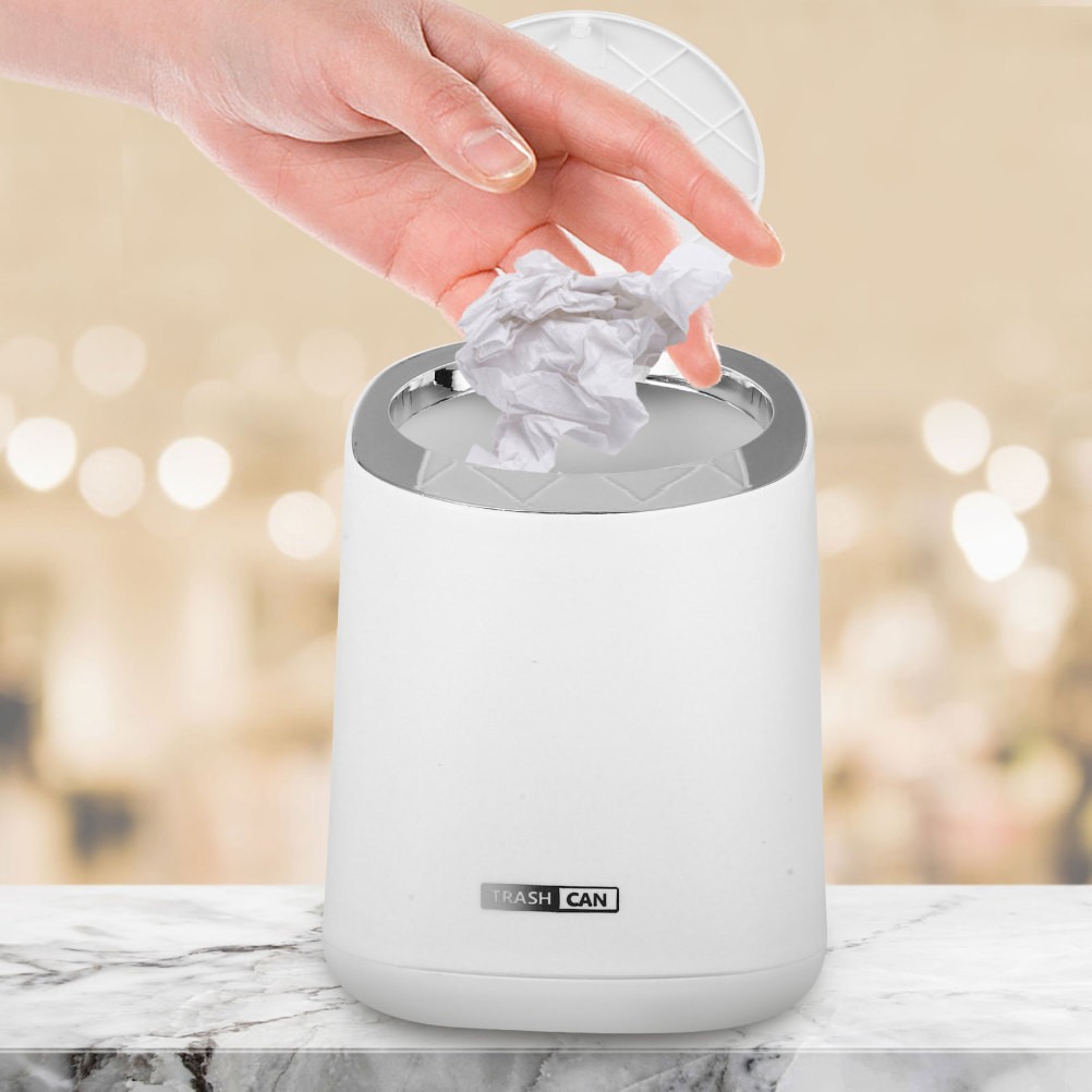 1 Set Reusable Small Desktop Garbage Bucket White ABS PP Press Lid