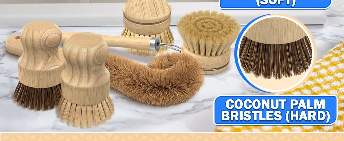 5 Pcs Bamboo Dish Brush Set, Non-Scratch Bristles, Replacement Head | Bamboo