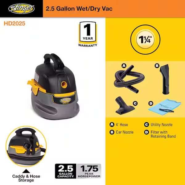 small portable wet/dry vac car auto detail shop vacuum cleaner blower 2.5-gallon