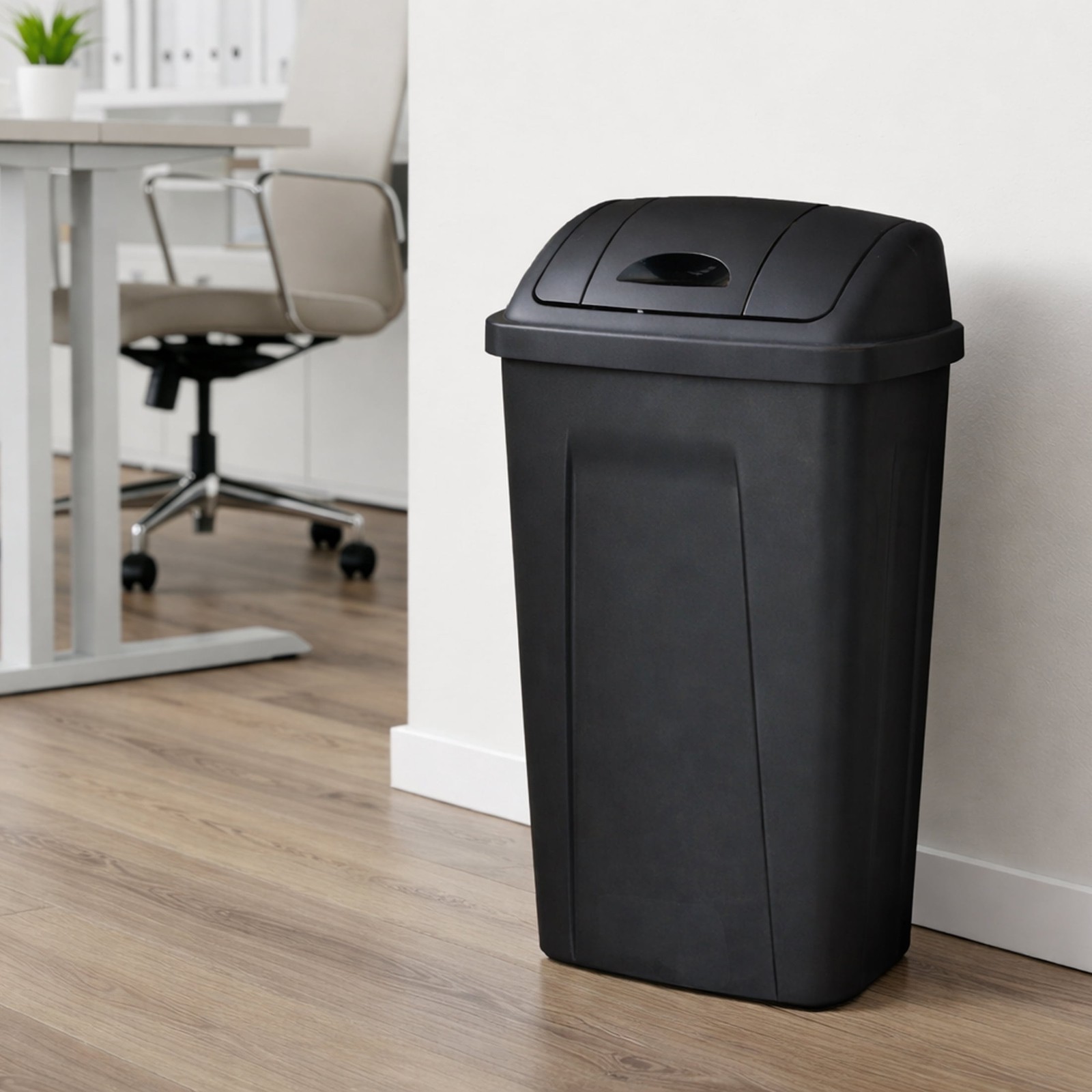 Kitchen Trash Can, 13 Gallon Plastic Garbage Bin with Swing Top Lid, Black