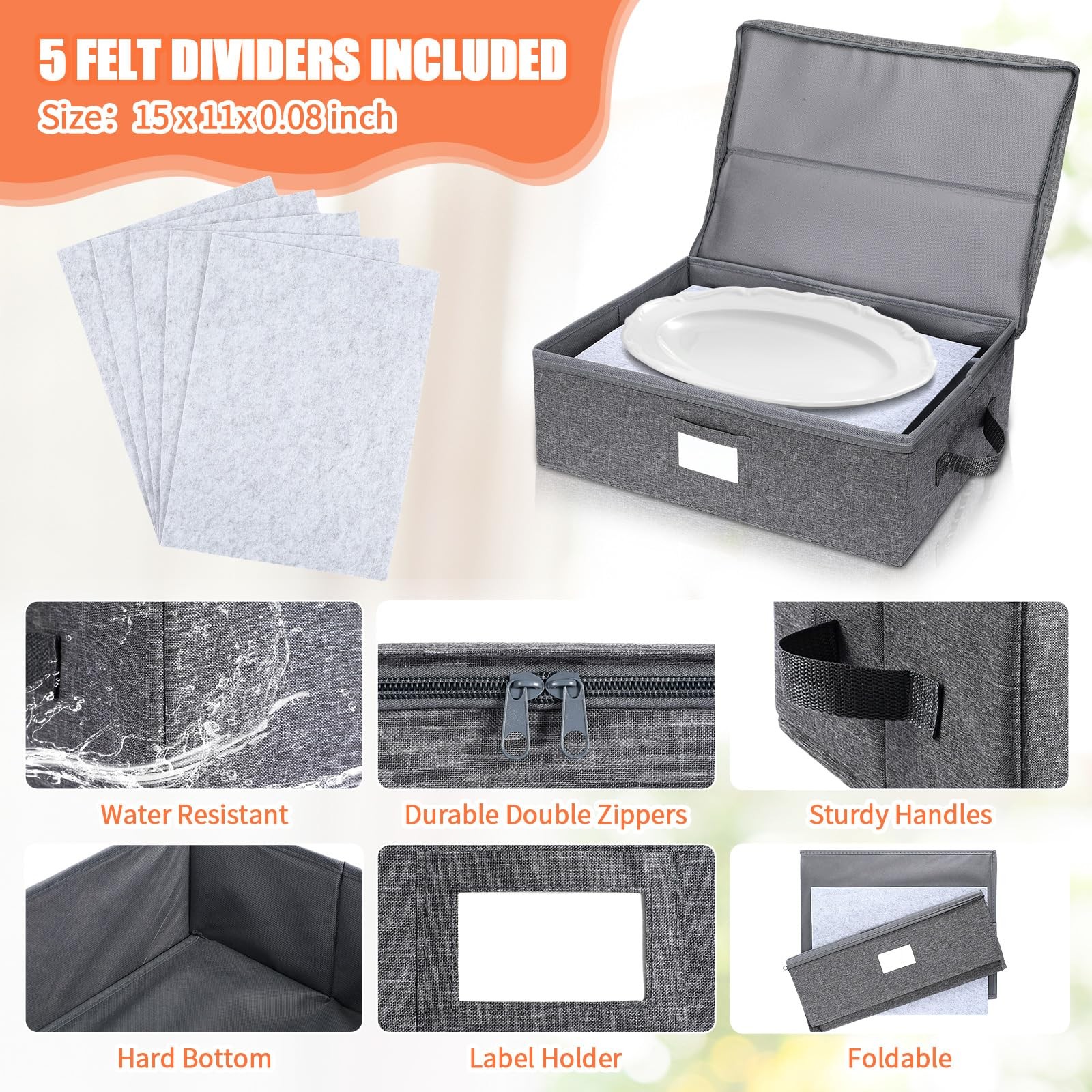 3 PCS Platter Storage Case Stackable Hard Shell 17x13x6in 15 Dividers Gray