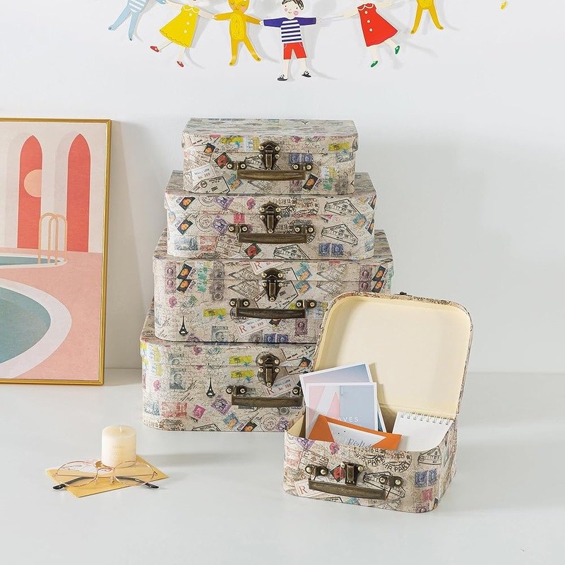 Stackable Vintage Cardboard Suitcases Decorative Storage Boxes Home Office New