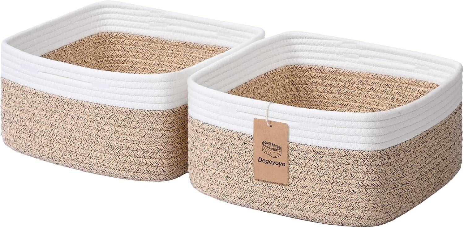 Storage Baskets for Shelves, 2 Pack Shallow Basket – 10.5″ x 10.5″ x 5.5″, Rope