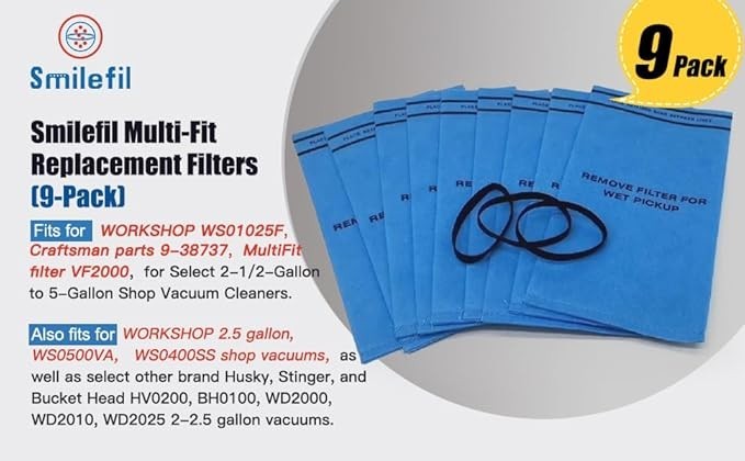 9 Pack Wet Dry Filter Bags for 2 – 2.5 Gallon Shop Vac Vacuum Stinger Craftsman