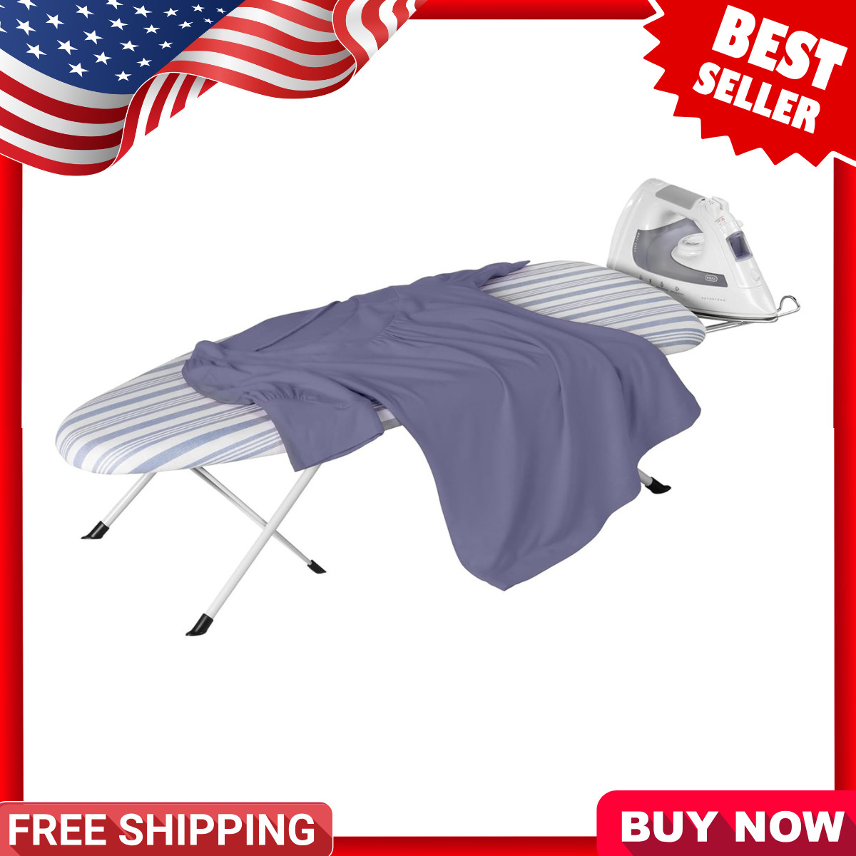 Folding Tabletop Ironing Board with Iron Rest, Blue, 32” L X 12” W, Steel Frame