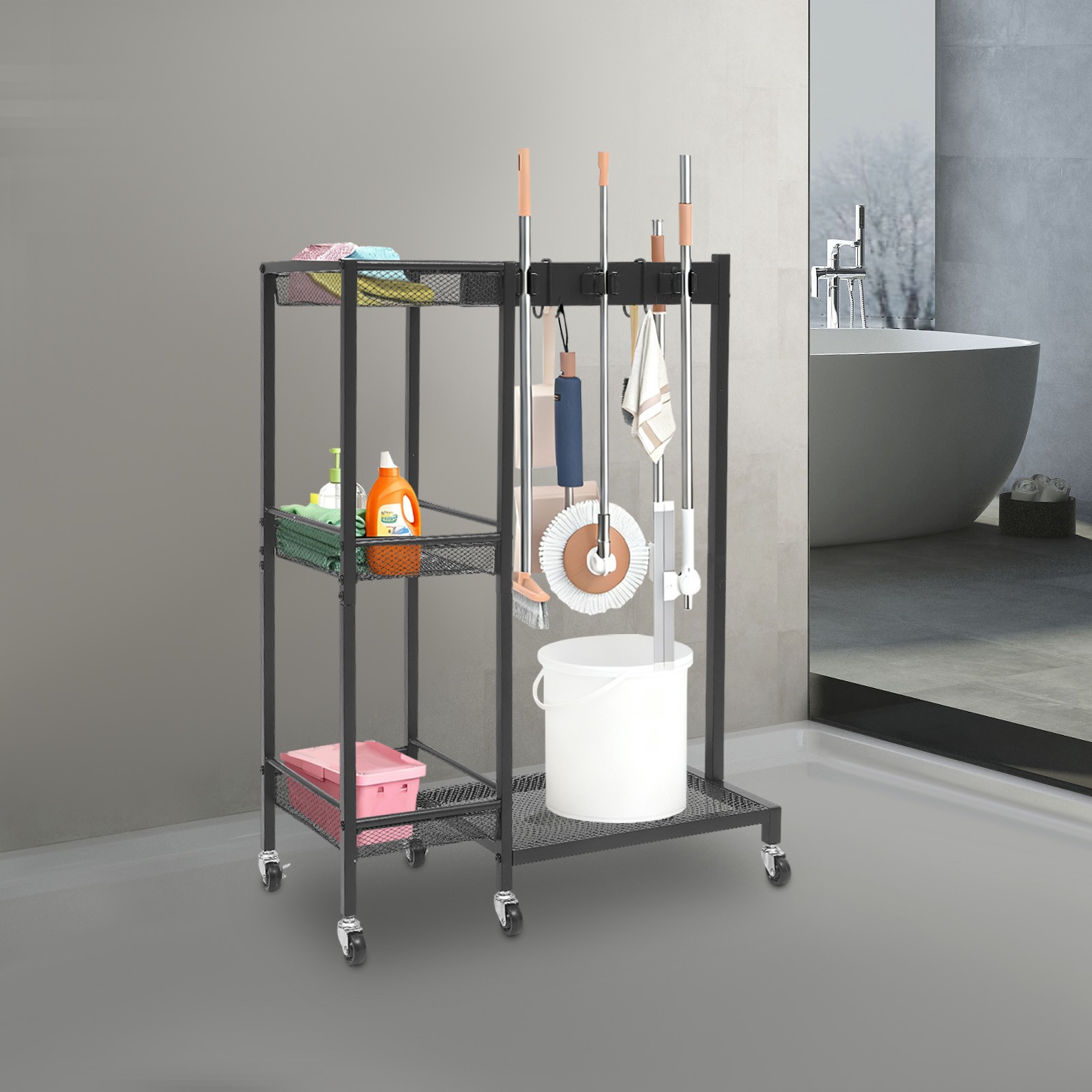Mobile Cleaning Trolley Cart with Wheels 25.6×11.8×33.5 Inch for Home Office