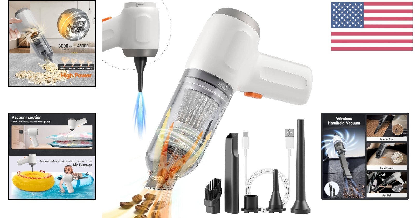 8000Pa Handheld Vacuum Dust Buster – 3-in-1 Blower & Pump for Car Cleaning