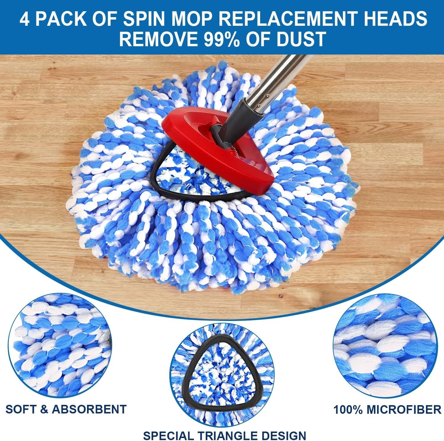 4 Pack Mop Replace Heads for 2 Tank System, Spin Replacement Head, White