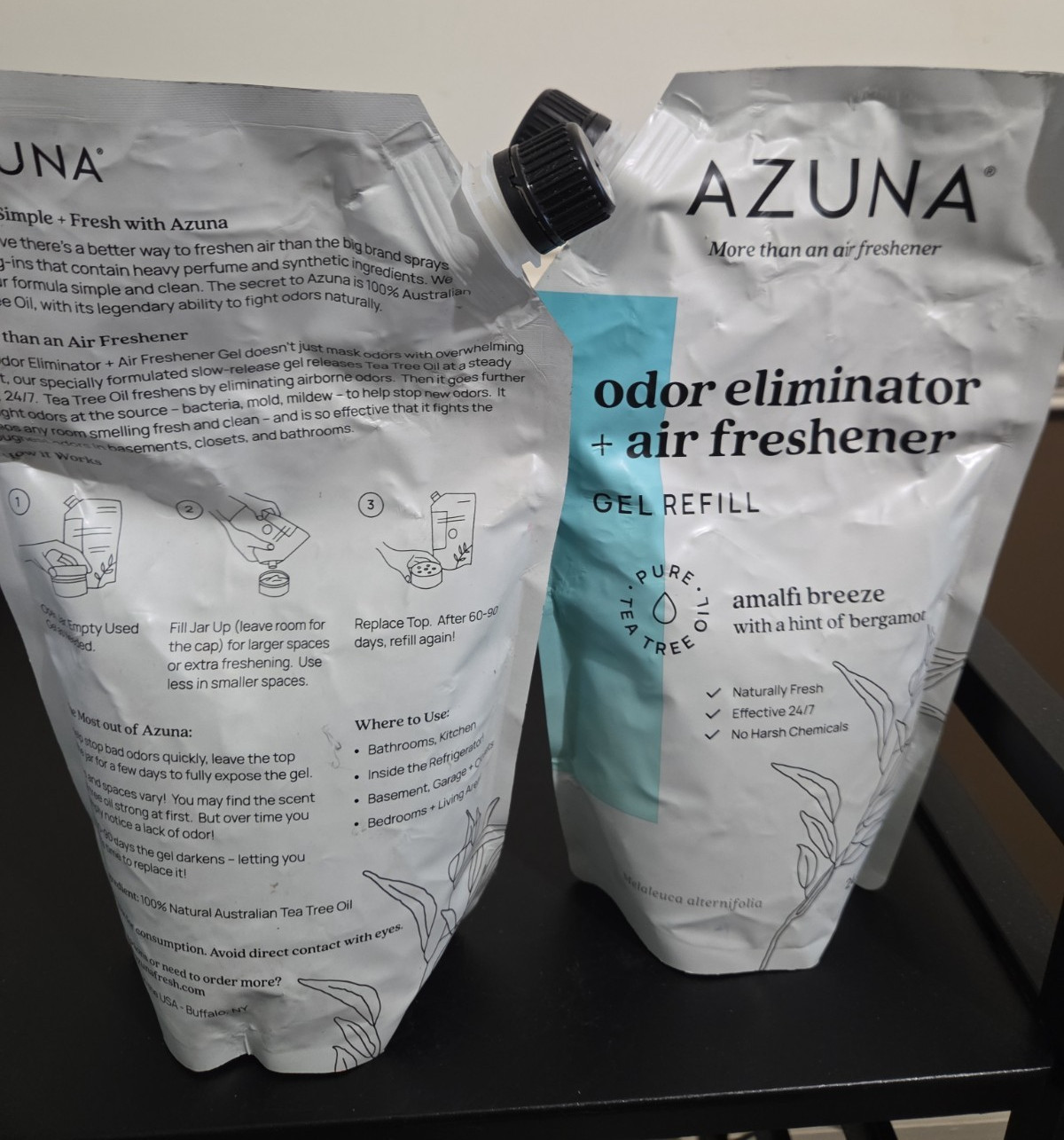 2~Azuna Odor Eliminator Air Freshener Gel Refill Amalfi Breeze Tea Tree Oil 24oz