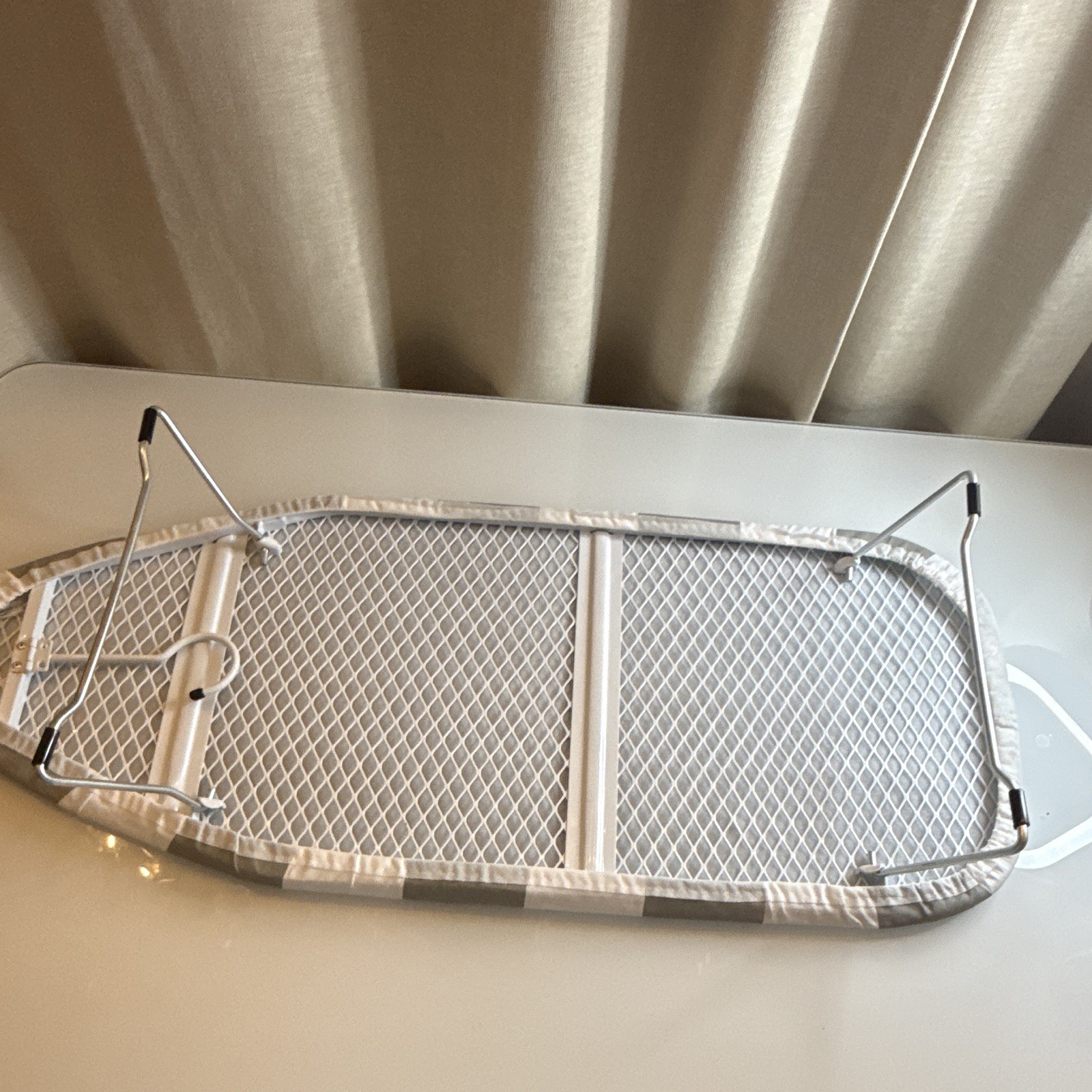 Tabletop Foldable Portable Metal Ironing Board, White Gray Striped Cover