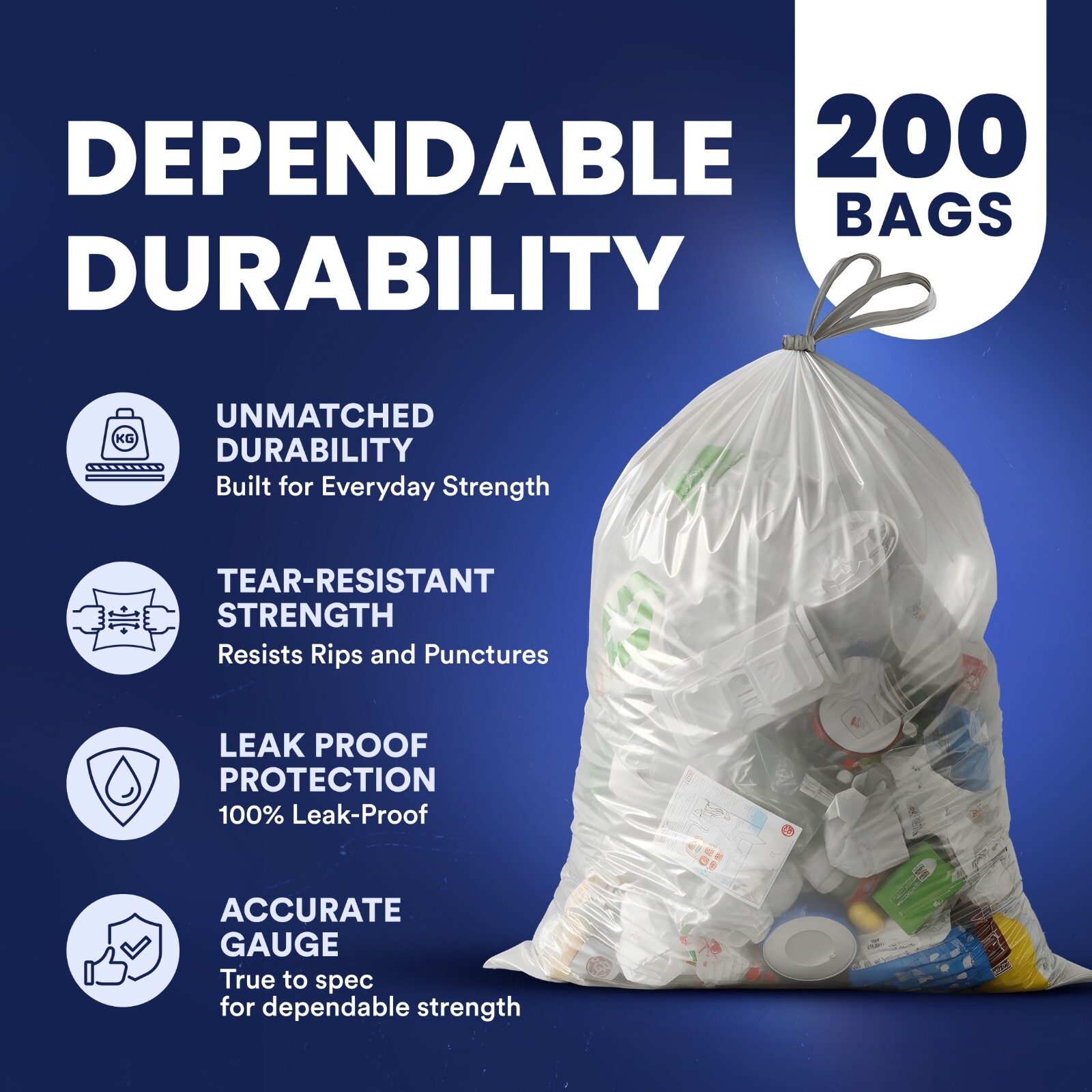Plasticplace 13 Gallon Extra Tall Drawstring Trash Bags -Clear, Case of 200 Bags