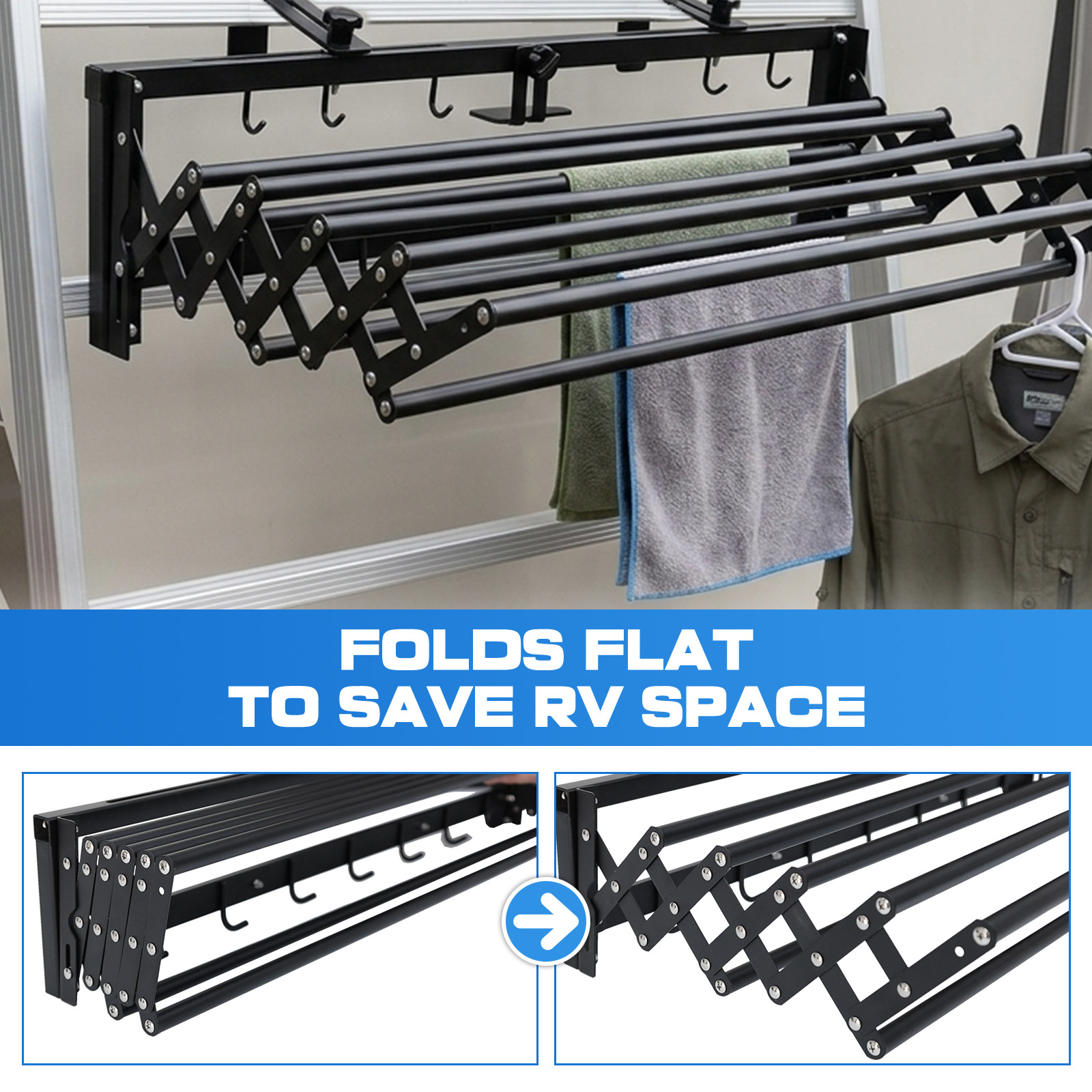 RV Clothes Drying Rack Foldable Laundry Hanger for Outdoor Travel, Camping, Boat