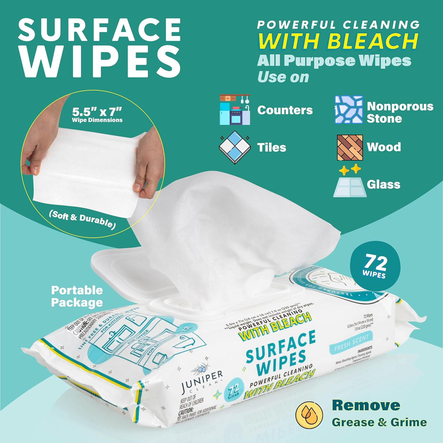 24 Pack Surface Cleaning Wipes with Bleach, All-Purpose Cleaner