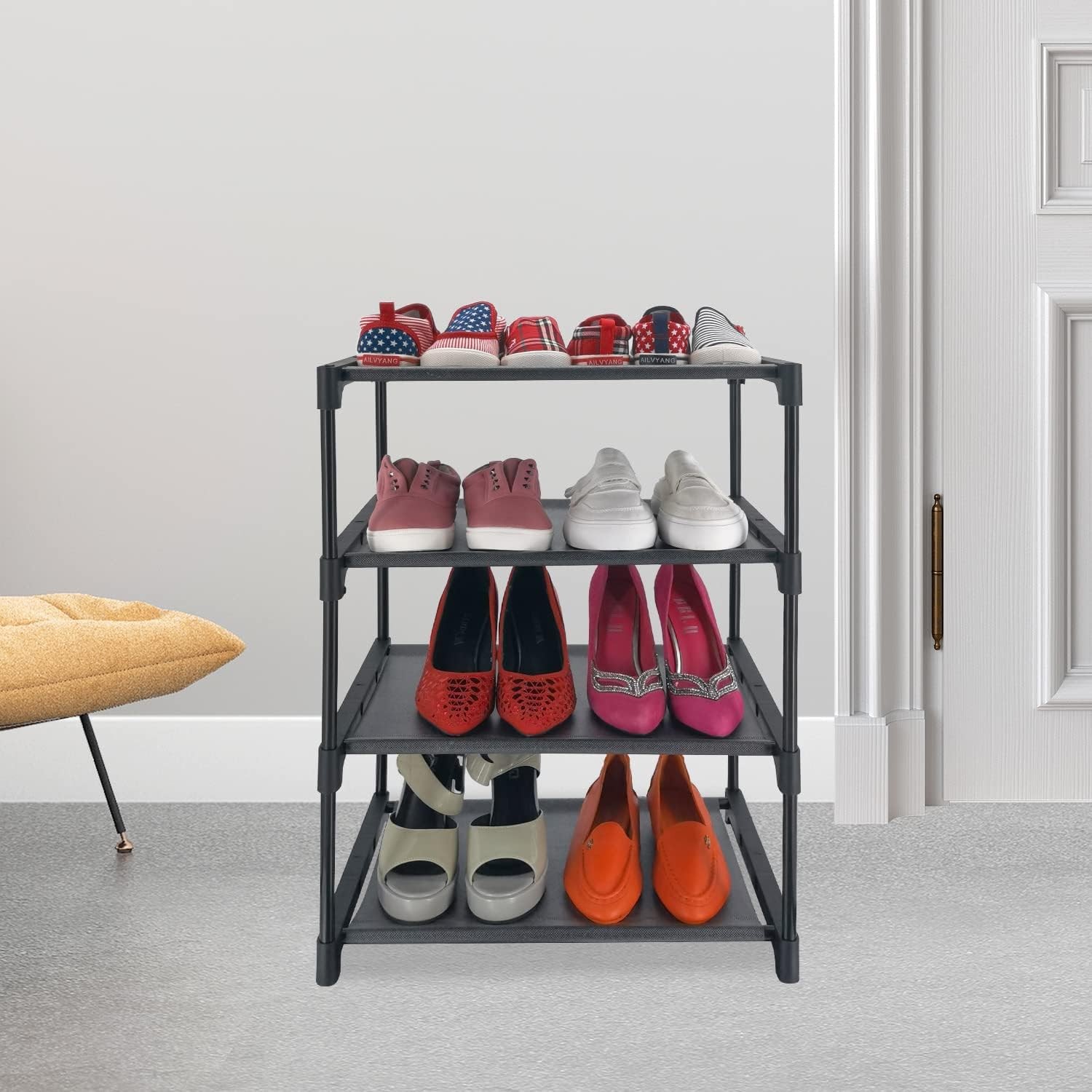 4 Tiers Small Shoe Rack,Narrow Stackable Shelf Organizer,Sturdy 4-tier