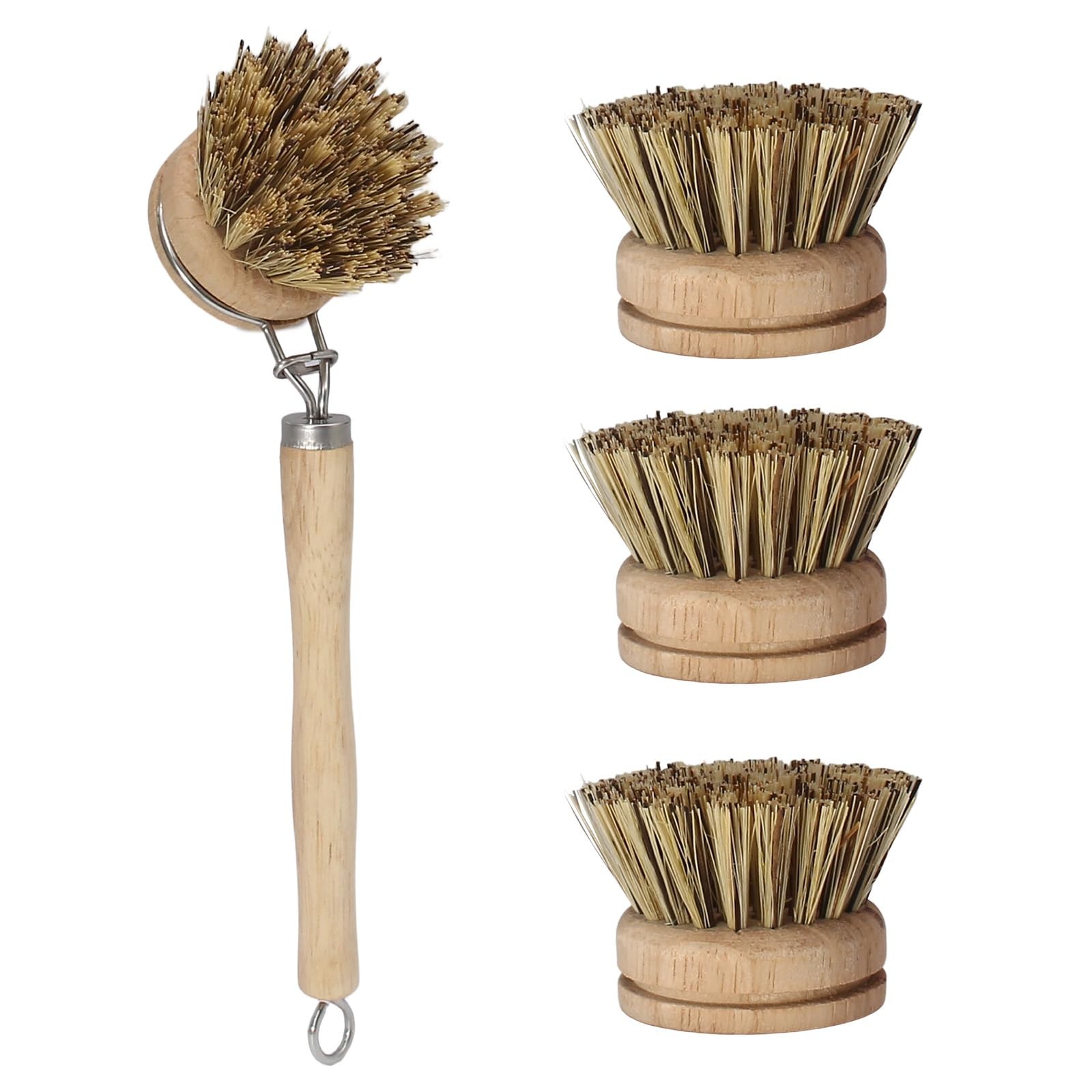 4PCS Wooden Dish Brush Set Natural Palm Bristles Wood Handle for Eco Kitchen