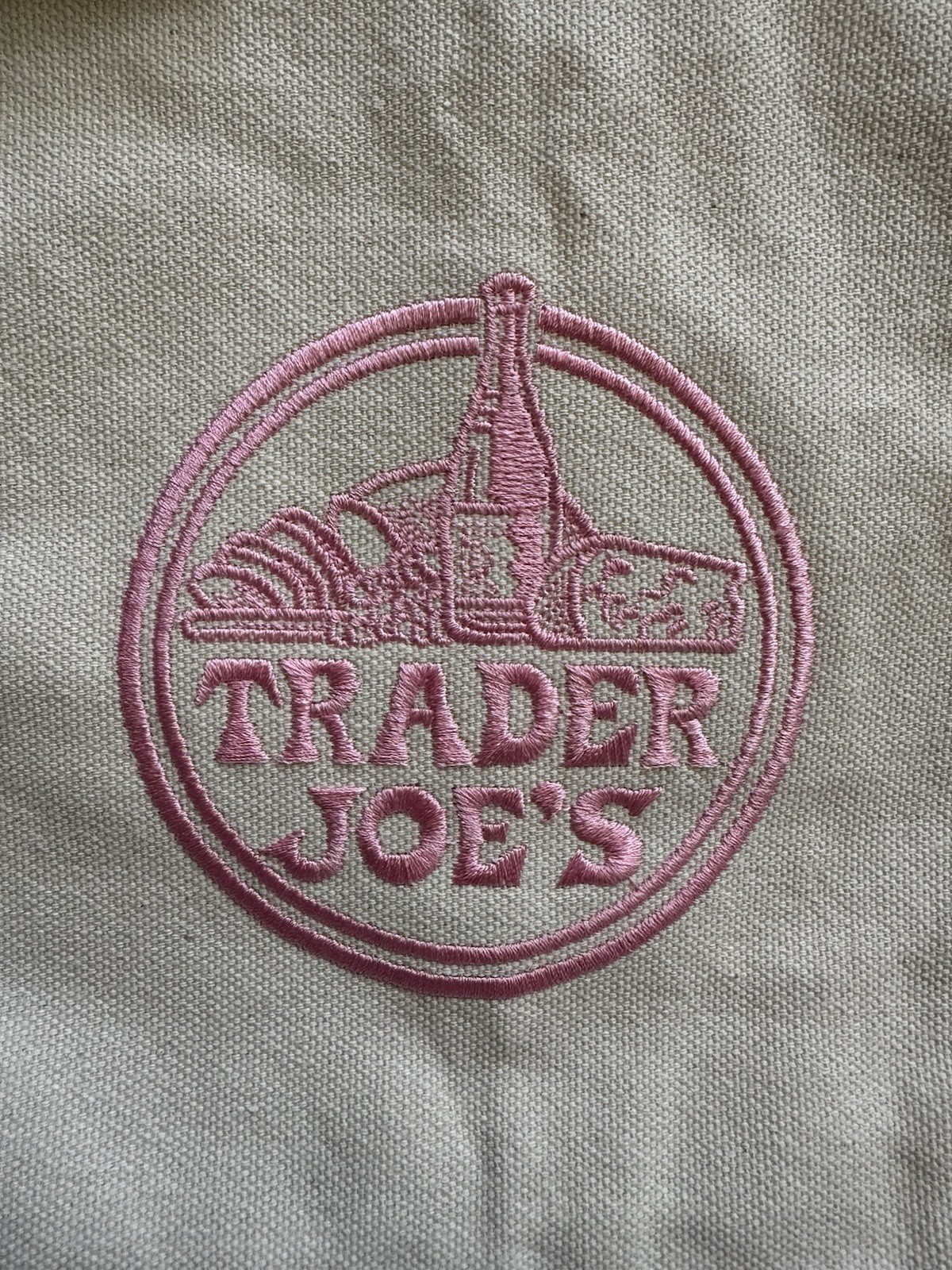 Trader Joe’s Reusable Shopping Bag Foldable Cotton Polyester Canvas Beige Purple