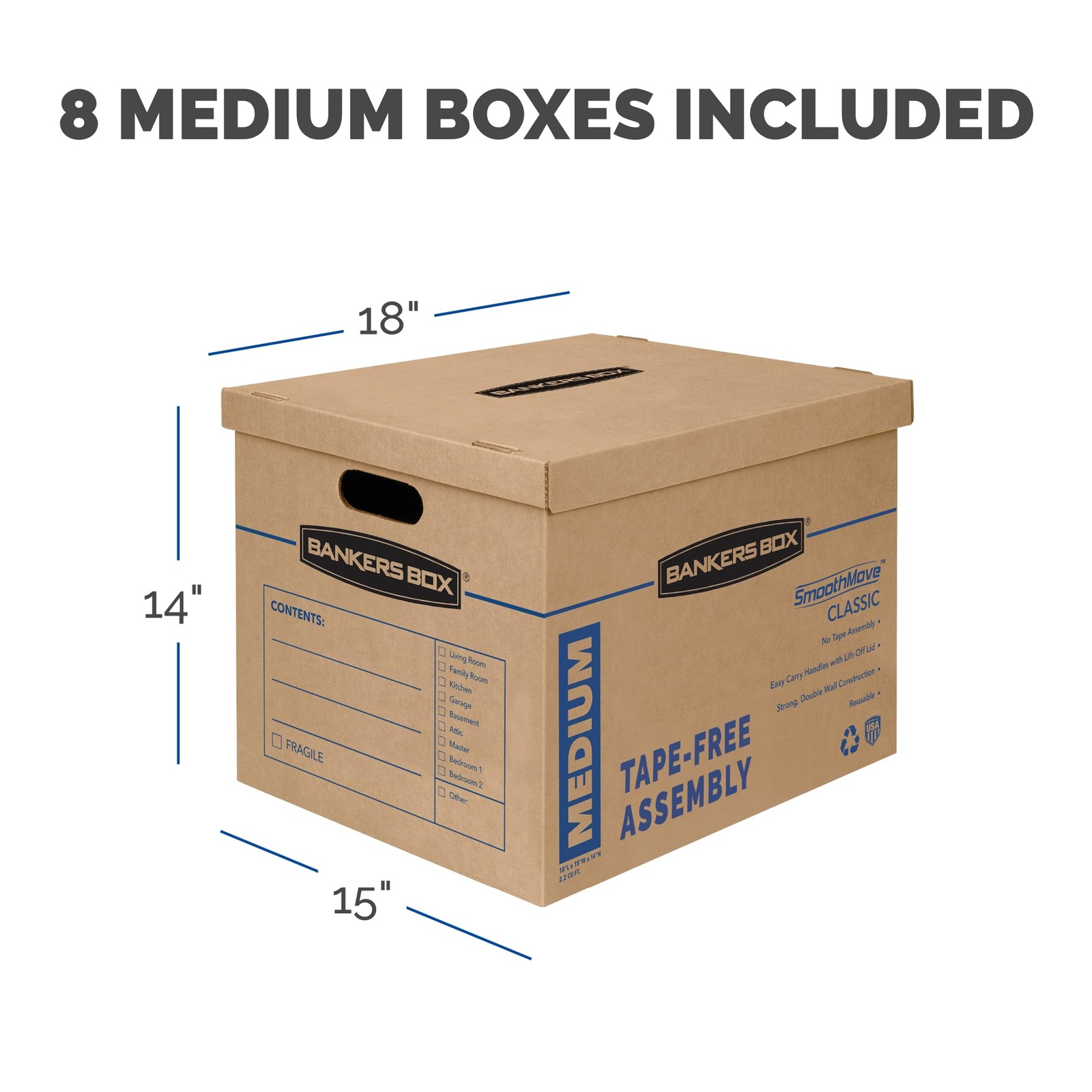 Bankers Box Medium Classic Moving 8 Pack, 8 Pack of Boxes, Kraft