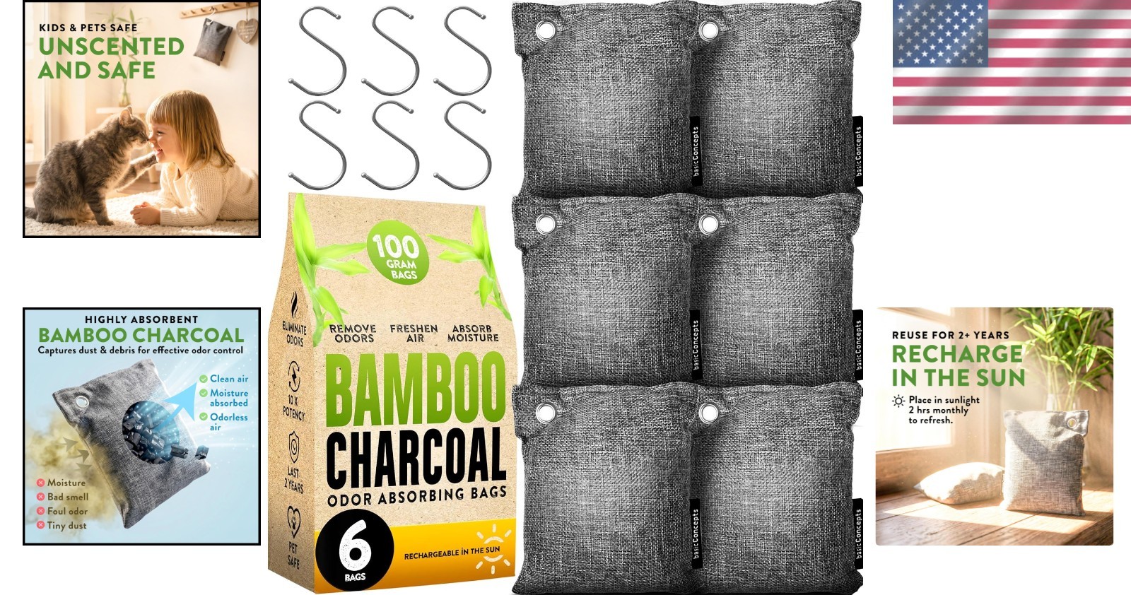 6 Pack Bamboo Charcoal Air Purifying Bags – 100g Odor Absorber for Strong Odors