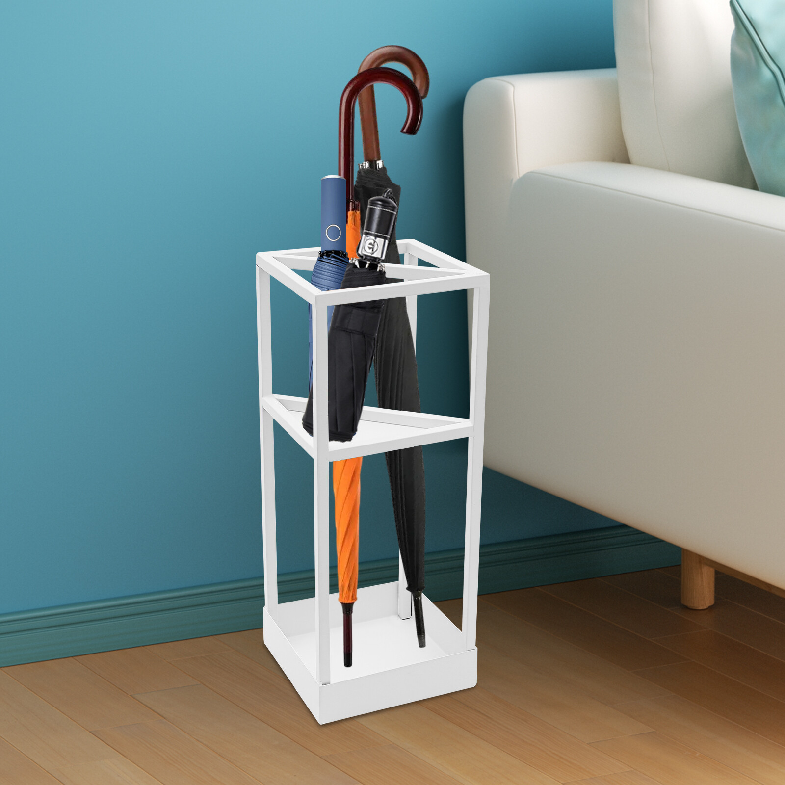 Metal Square Umbrella Rack Cane Holder Modern Entryway Umbrella Rack w/Drip Tray