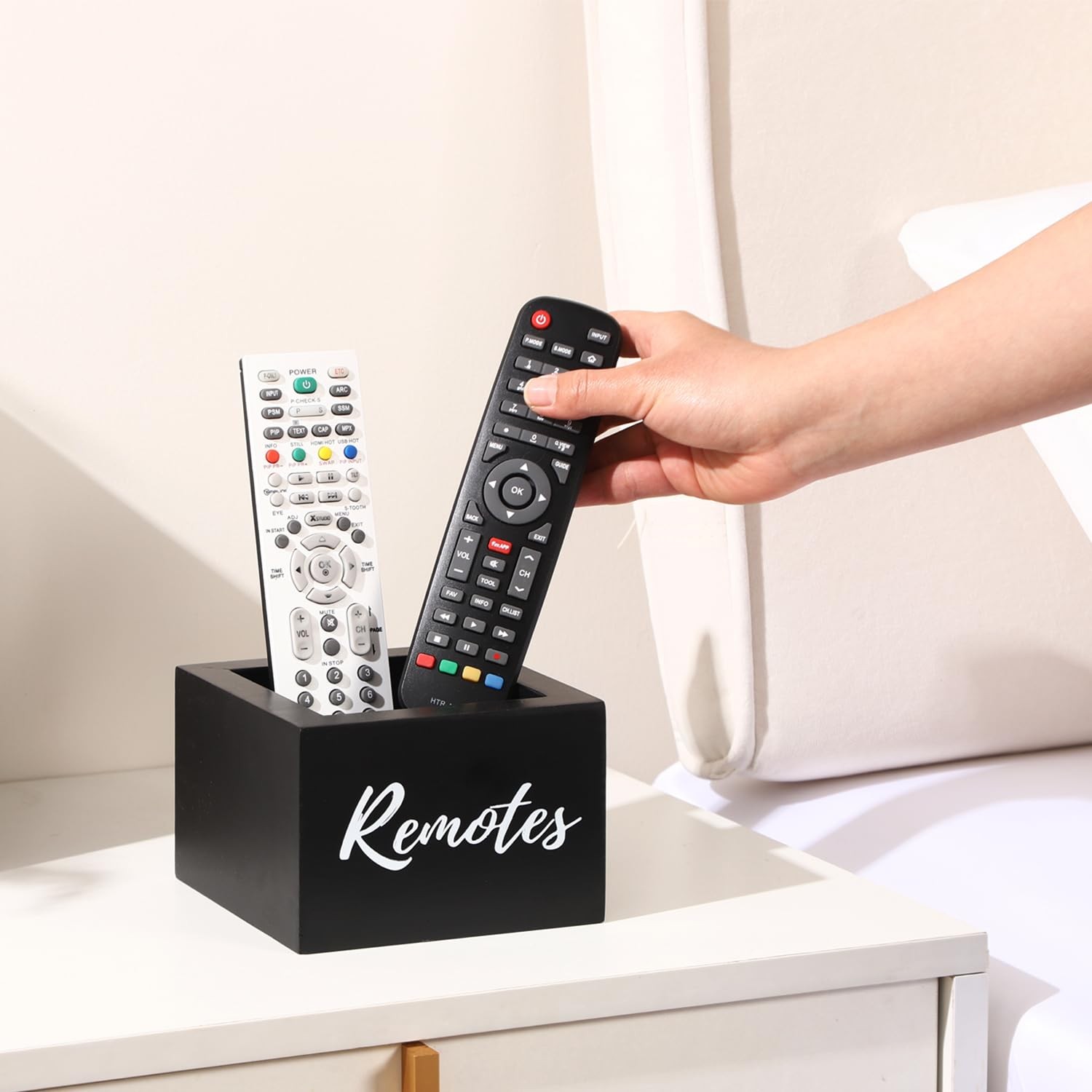 Black Wooden TV Remote Control Holder Desk Table Storage Organizer Caddy Box