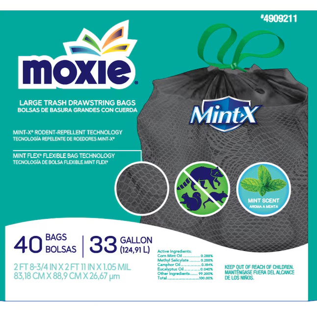MOXIE 33-Gallon Mint Black Outdoor Plastic Can Drawstring Trash Bag 40 -Count