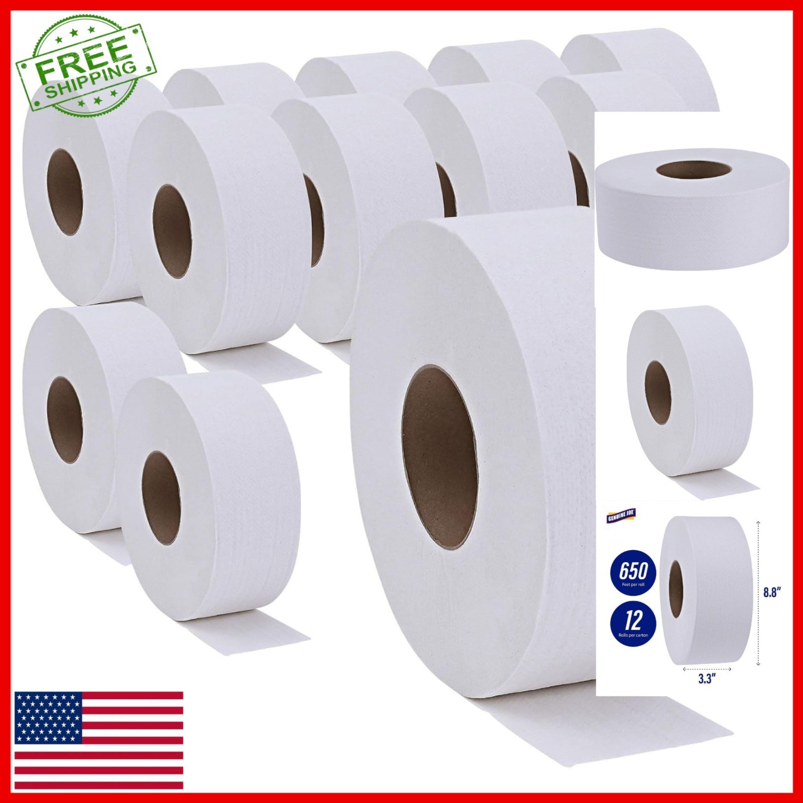 Genuine Joe Jumbo Roll Bath Tissue – 2-Ply White Toilet Paper, 12 Count