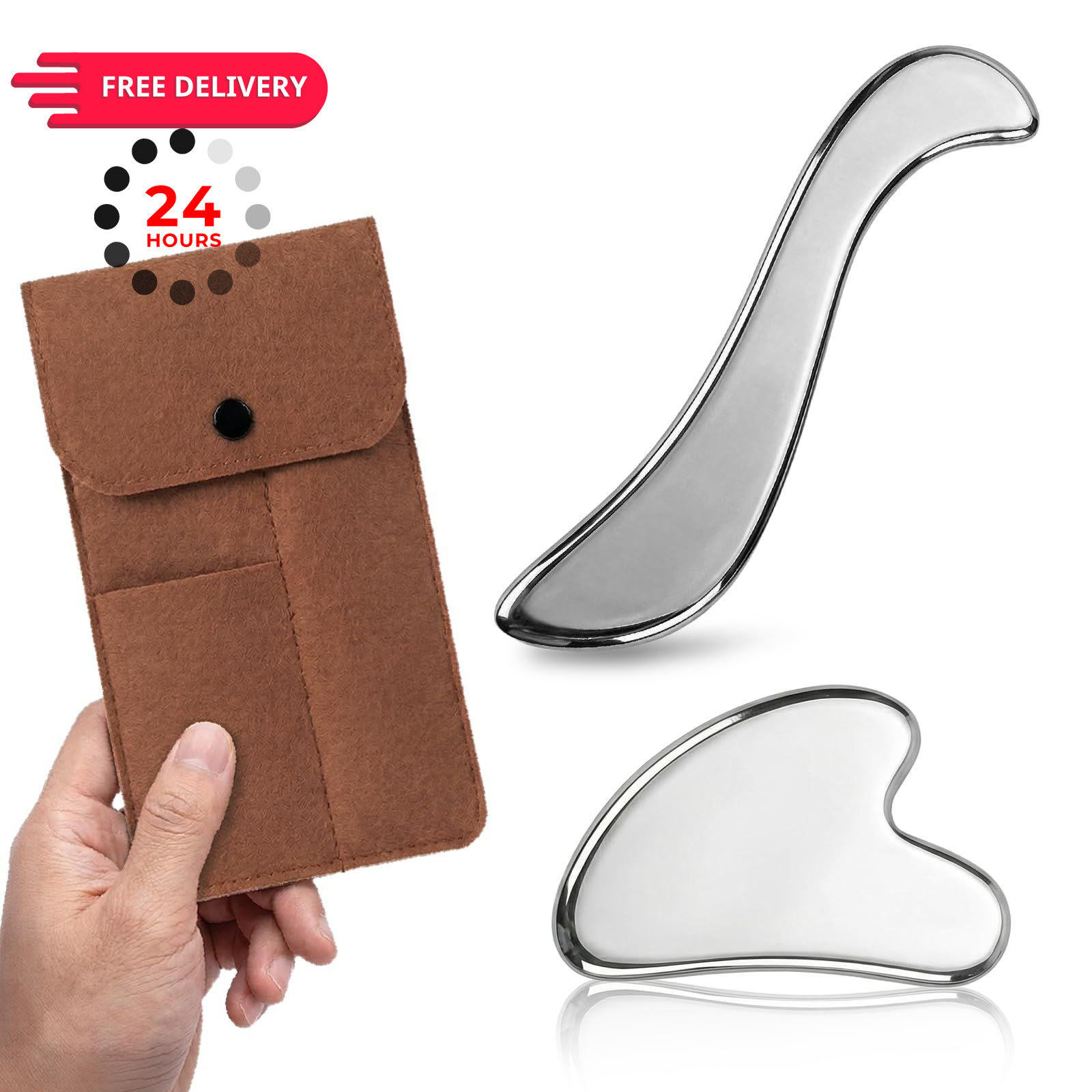 Rena Chris Gua Sha & Muscle Scraper Tool, Stainless Steel Face & Body Silver