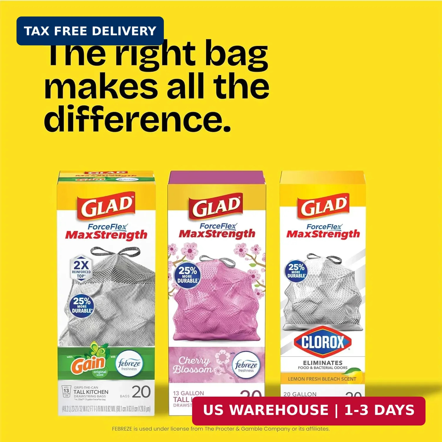 Glad Small Drawstring Trash Bags with Clorox, 4 Gal, Lemon Fresh Bleach, 34 Ct (