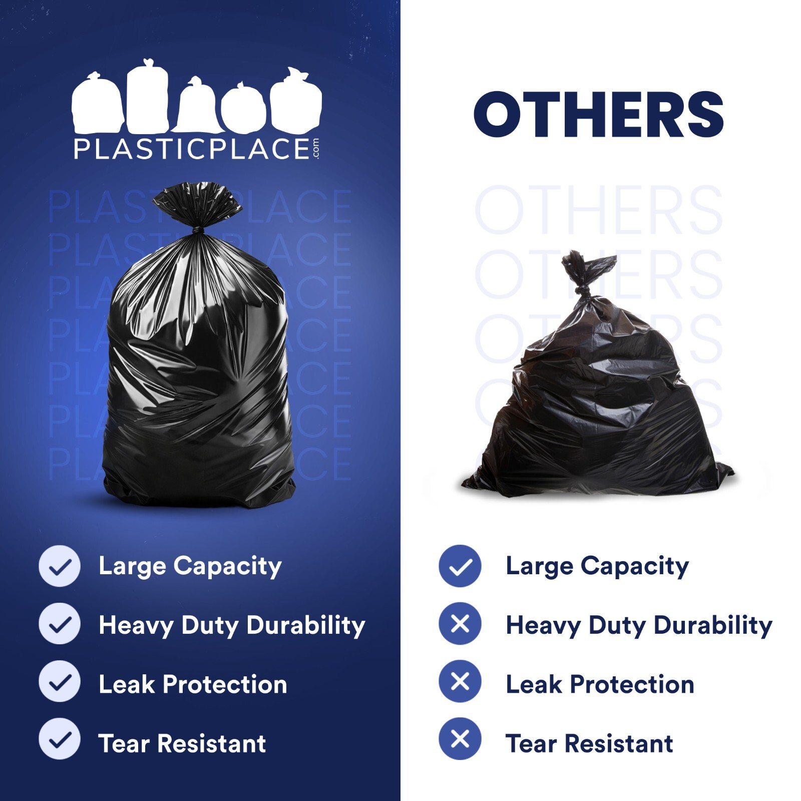 Plasticplace 55-60 Gallon Trash Bags, 1.0 Mil – Black, Case of 100