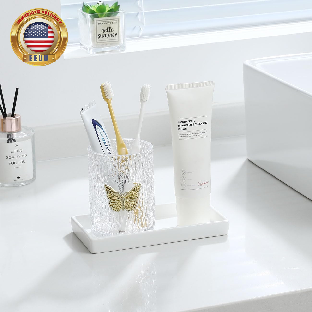 Bathroom Vanity Tray, Mini Soap Dispenser, Small Ceramic Perfume and Jewelry Dis