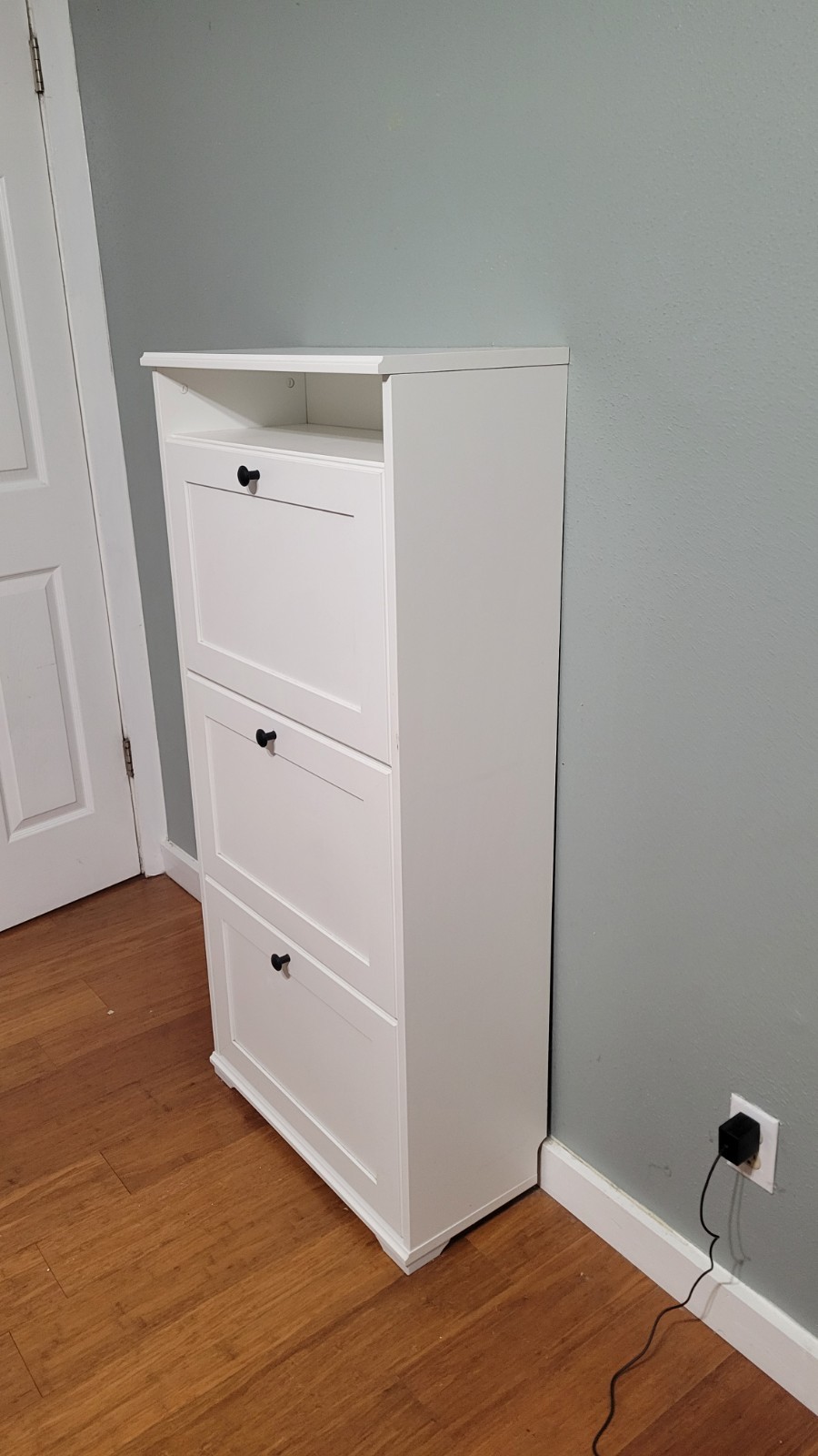 IKEA White Shoe Cabinet Wood 3 Flip Drawers 24×11.75×51.125in