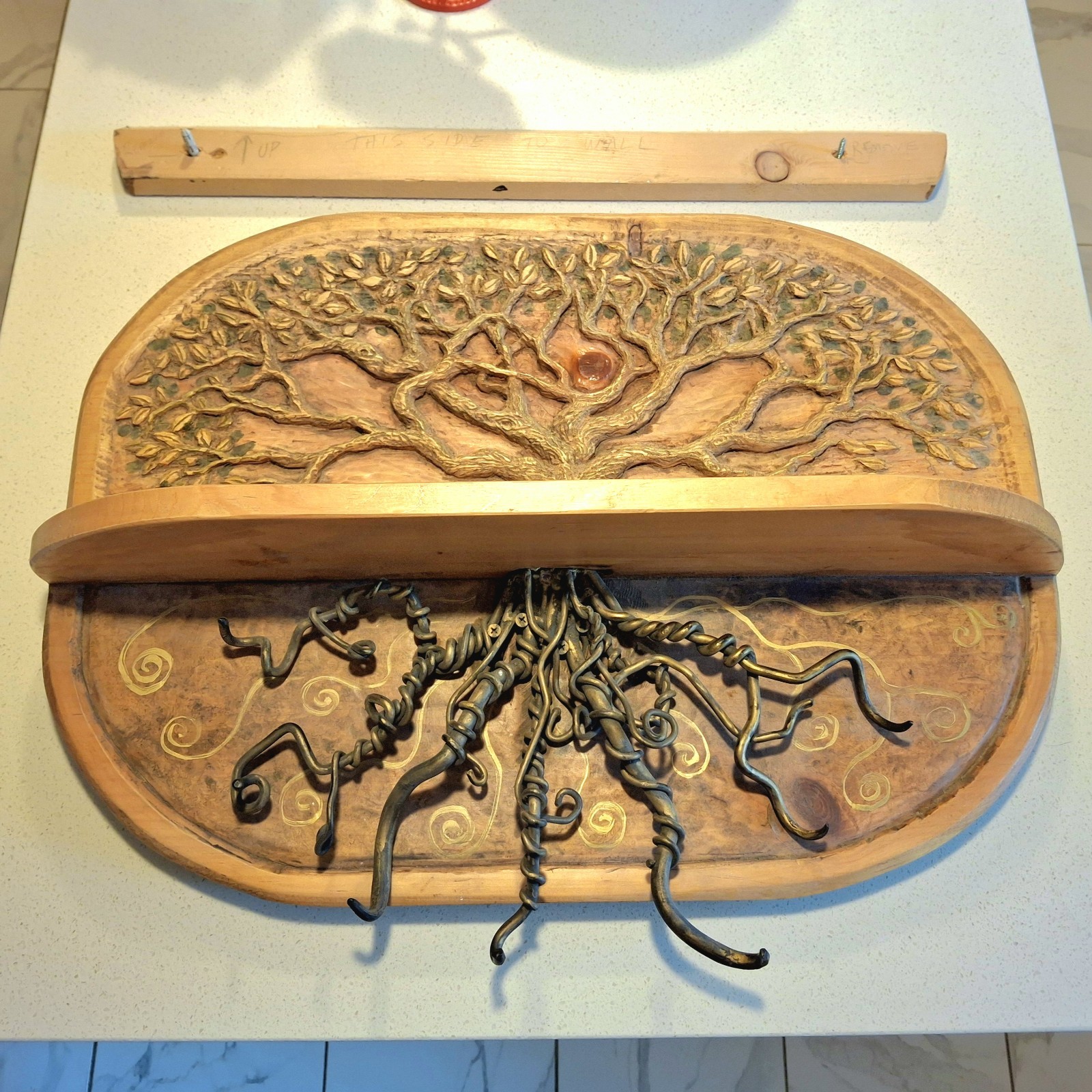 Handmade Hand Carved & Painted Coat Rack with Shelf Vintage Tree of Life Design