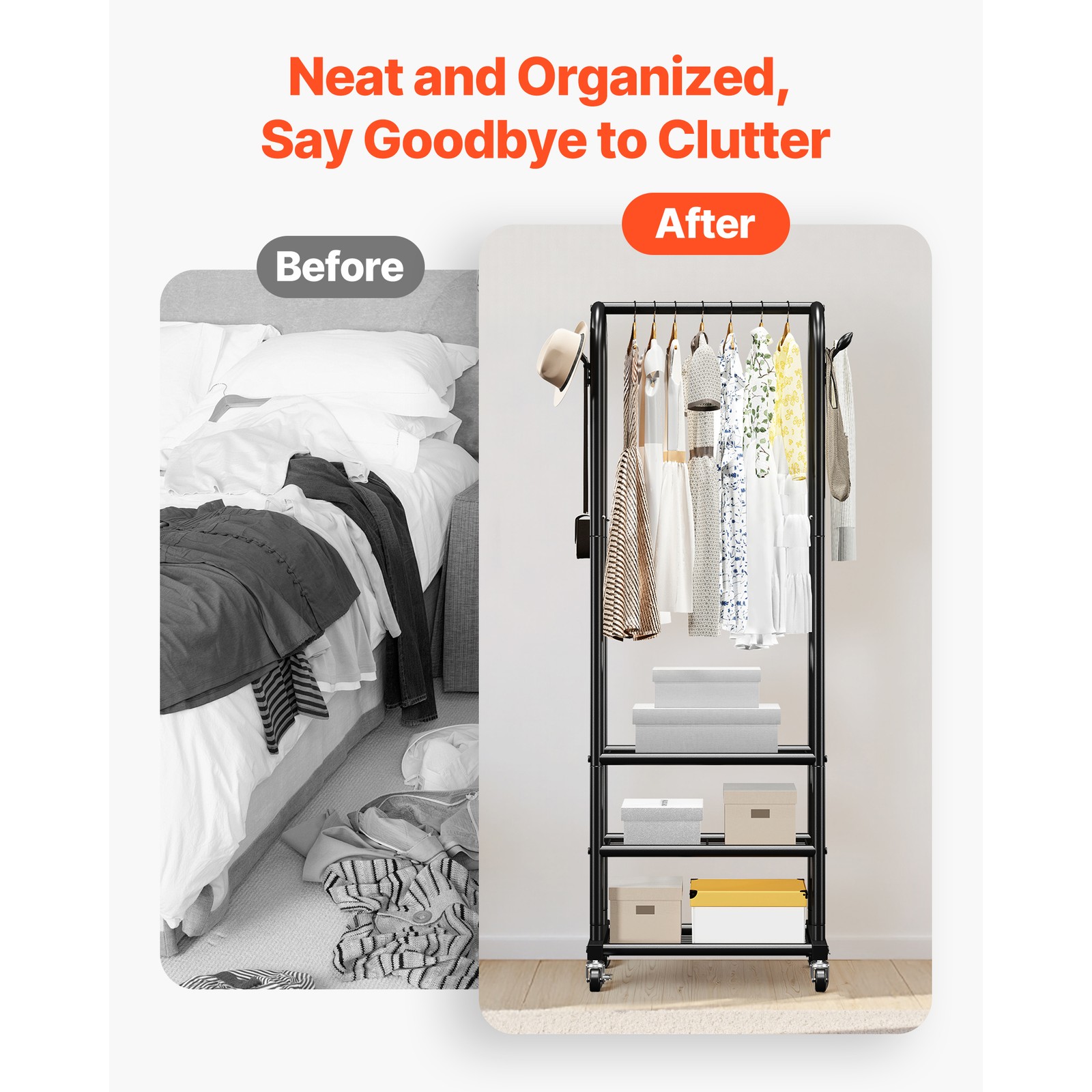 Uimoso Rolling Garment Rack Clothes Rack 3 Shelves & Hooks with Wheels , 99 lbs
