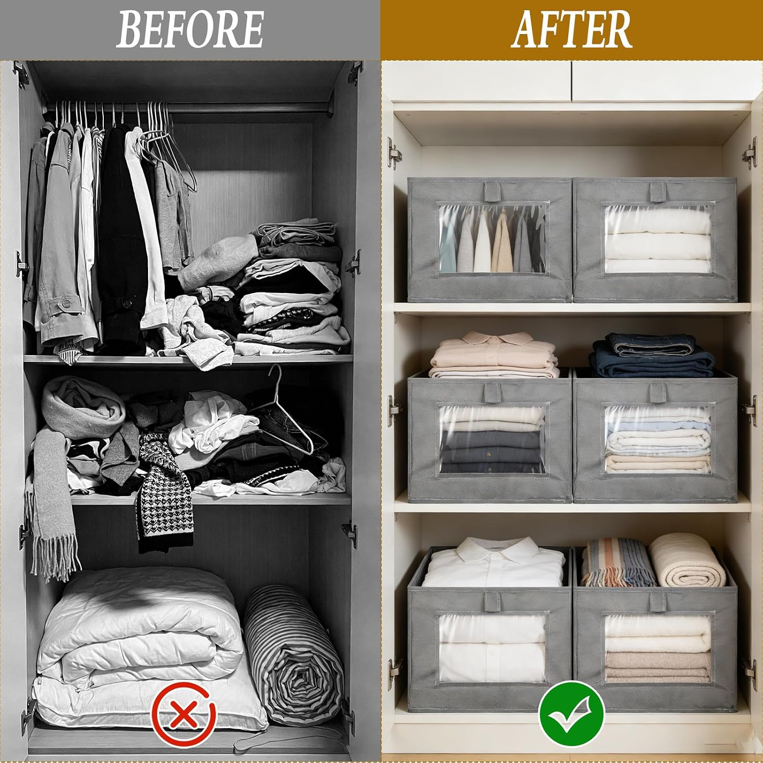 6 Oxford Cloth Storage Bins with Clear Window for Closet & Shelf Organization