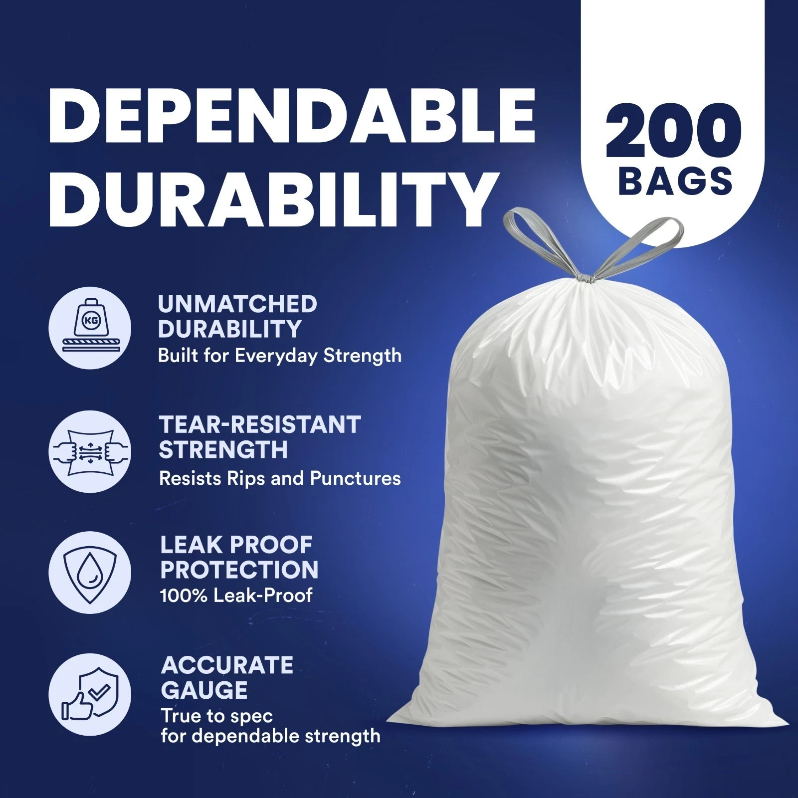 Plasticplace 8 Gallon White Trash Bags, White, 0.7 Mil, 200 Count