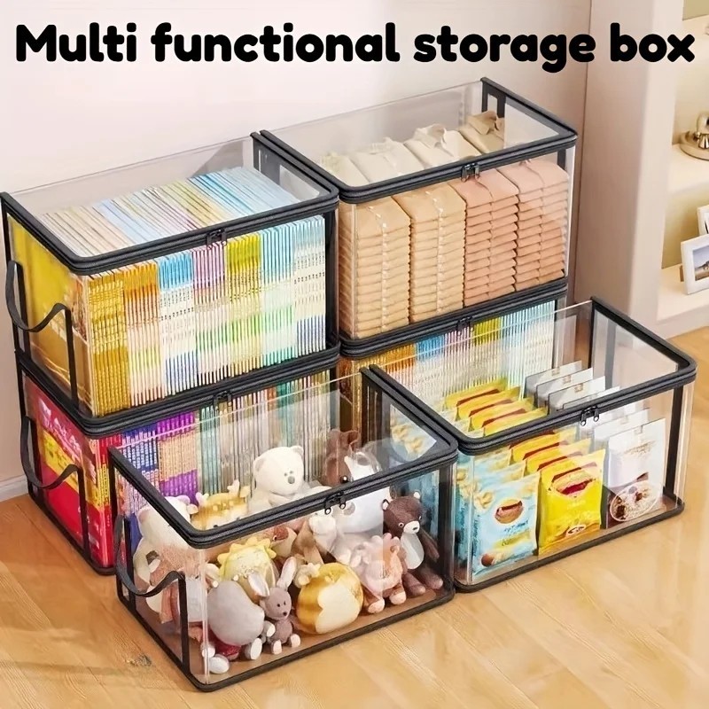 3-Pack Transparent Storage Boxes Foldable Plastic Organizer with Lid Large