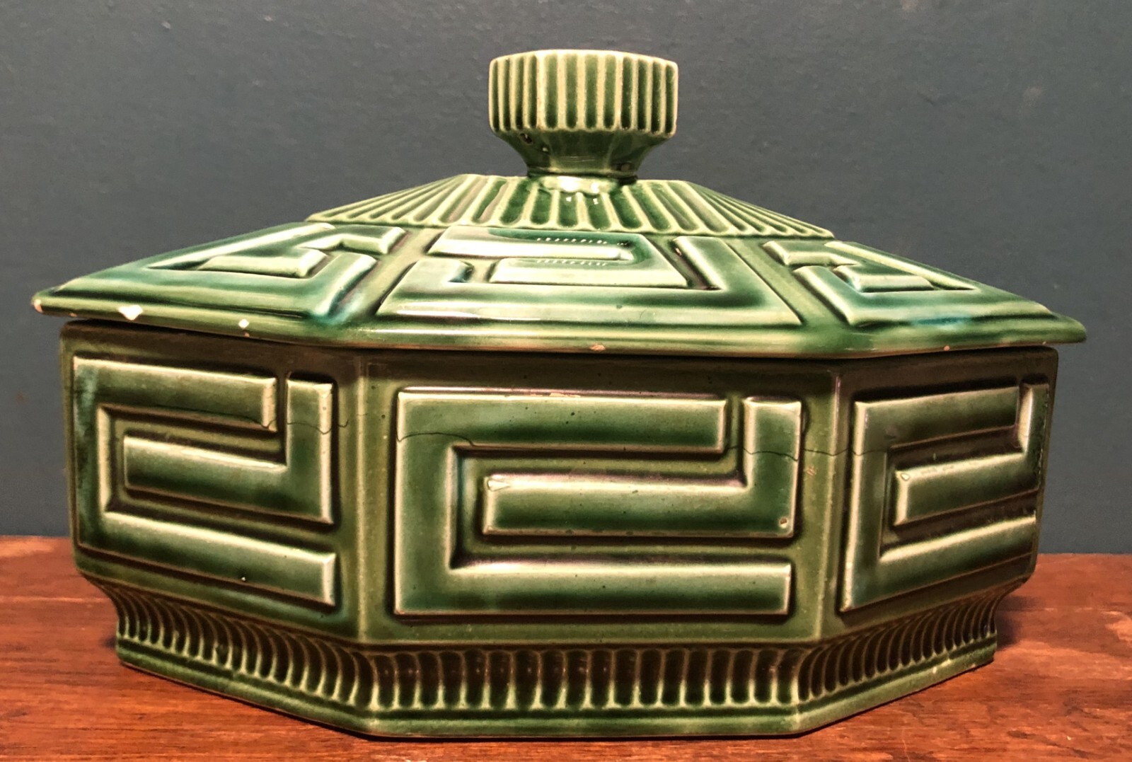 Retro Vintage Geometric Green Ceramic Art Pottery Storage Conatiner Trinket Box