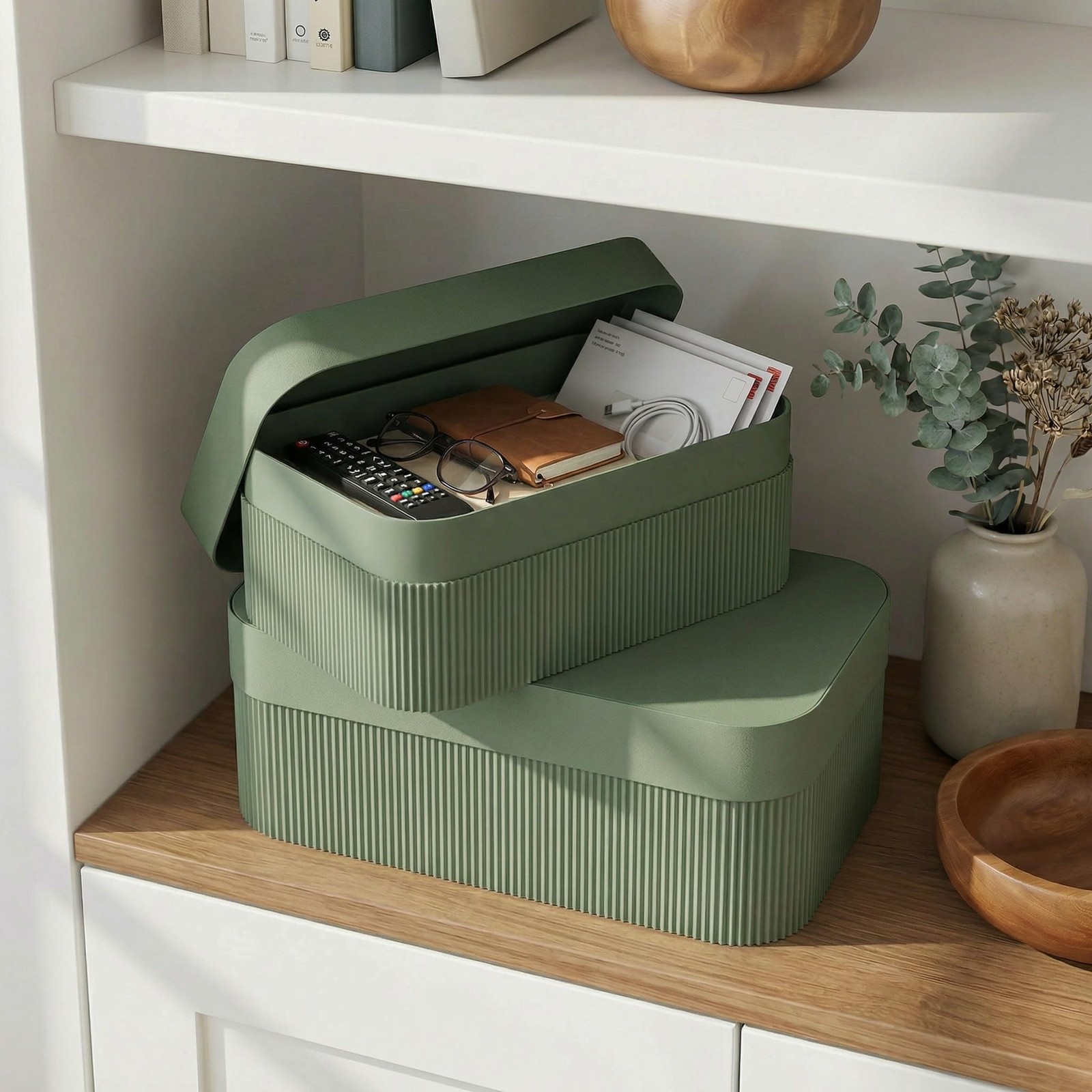 Decorative Storage Boxes with Lids, Set of 2 Fluted Cardboard Organizers